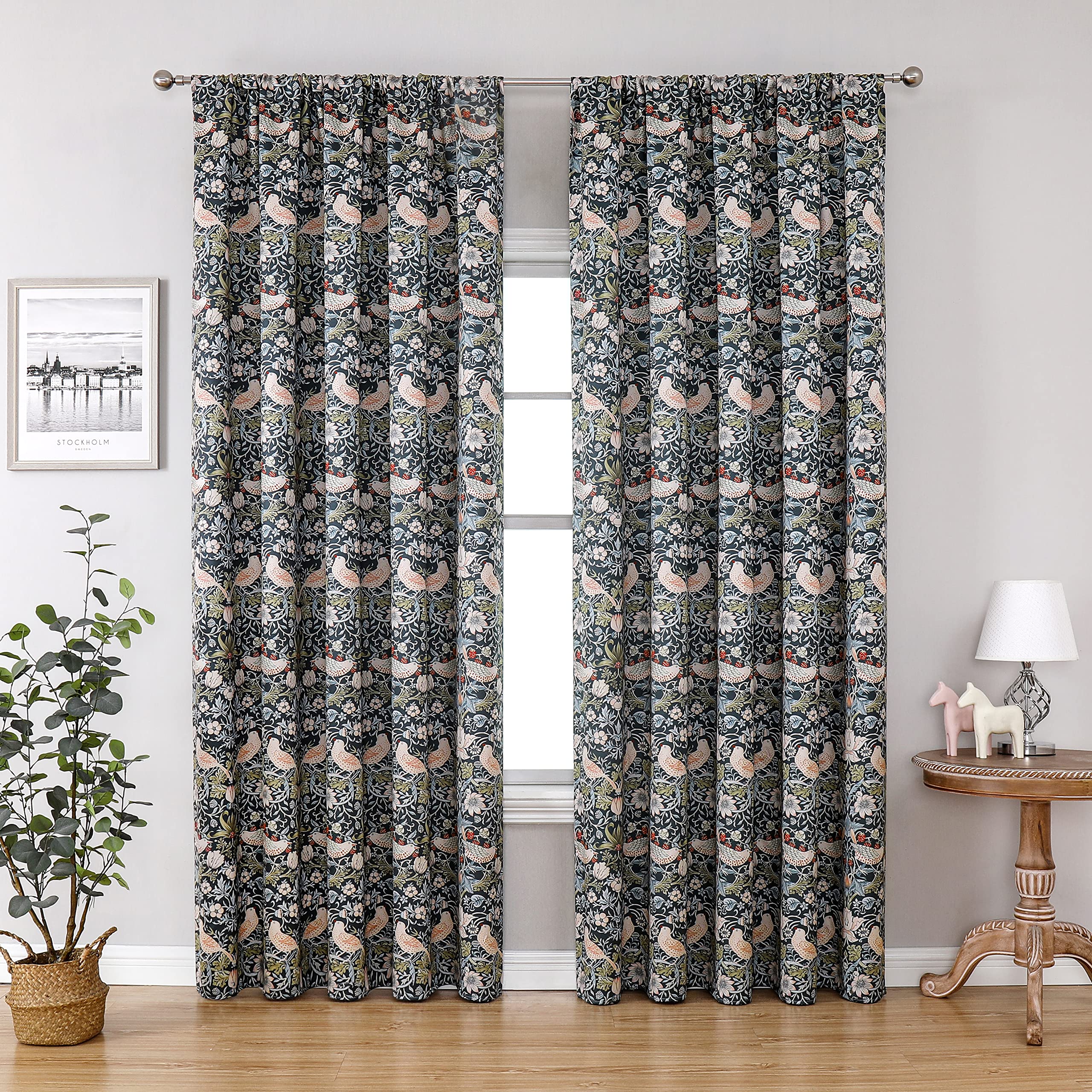 Obal Boys Strawberry Thief William Morris Blackout Curtains Original Design Rod Pocket Curtains Extra Long Thermal Room Darkening Curtains For Bedroom Living Room, 66" X 90" Drop, Green (2 Panels)