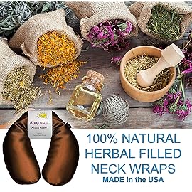 Happy Wraps Microwavable Herbal Neck Wrap - Hot Cold Aromatherapy Neck Warming Pillow - Heating Pad for Migraines, Stress, Gifts for Women, Birthdays, Christmas and Free Sleep Mask - Copper Satin
