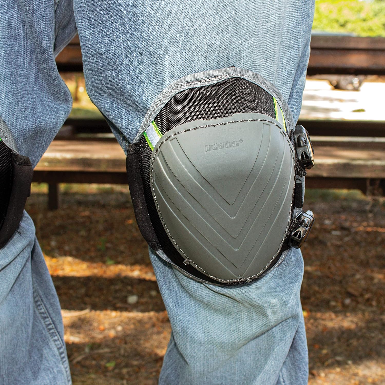 Bucket Boss Molded Non-Mar Knee Pads, Certified High-Visibility Markings for Safety, Breathable Mesh Lining, Elastic Top Strap for Comfort, Web Bottom Strap Buckle Closure, in Grey, FX2