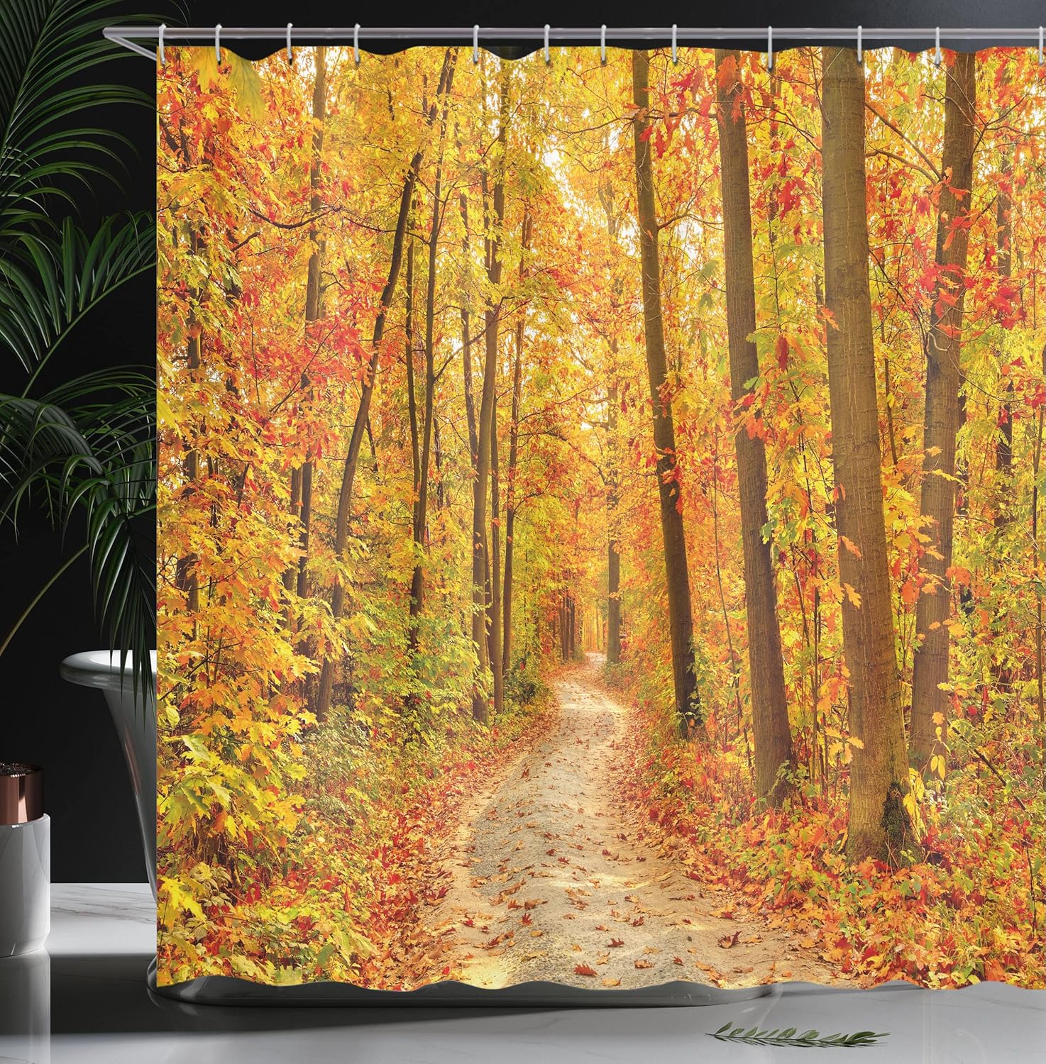 Ambesonne Fall Shower Curtain, Deciduous Trees Seasonal Leaves Pathway Wilderness Woodland Image, Cloth Fabric Bathroom Decor Set with Hooks, 69" W x 75" L, Orange Pale Green Brown