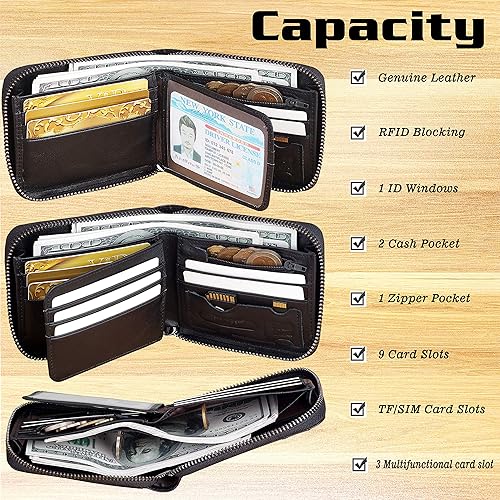 Miniatura 4 de Admetus Billeteras con bloqueo RFID para hombre, billetera de cuero con cremallera para hombres con tarjetero RFID plegable