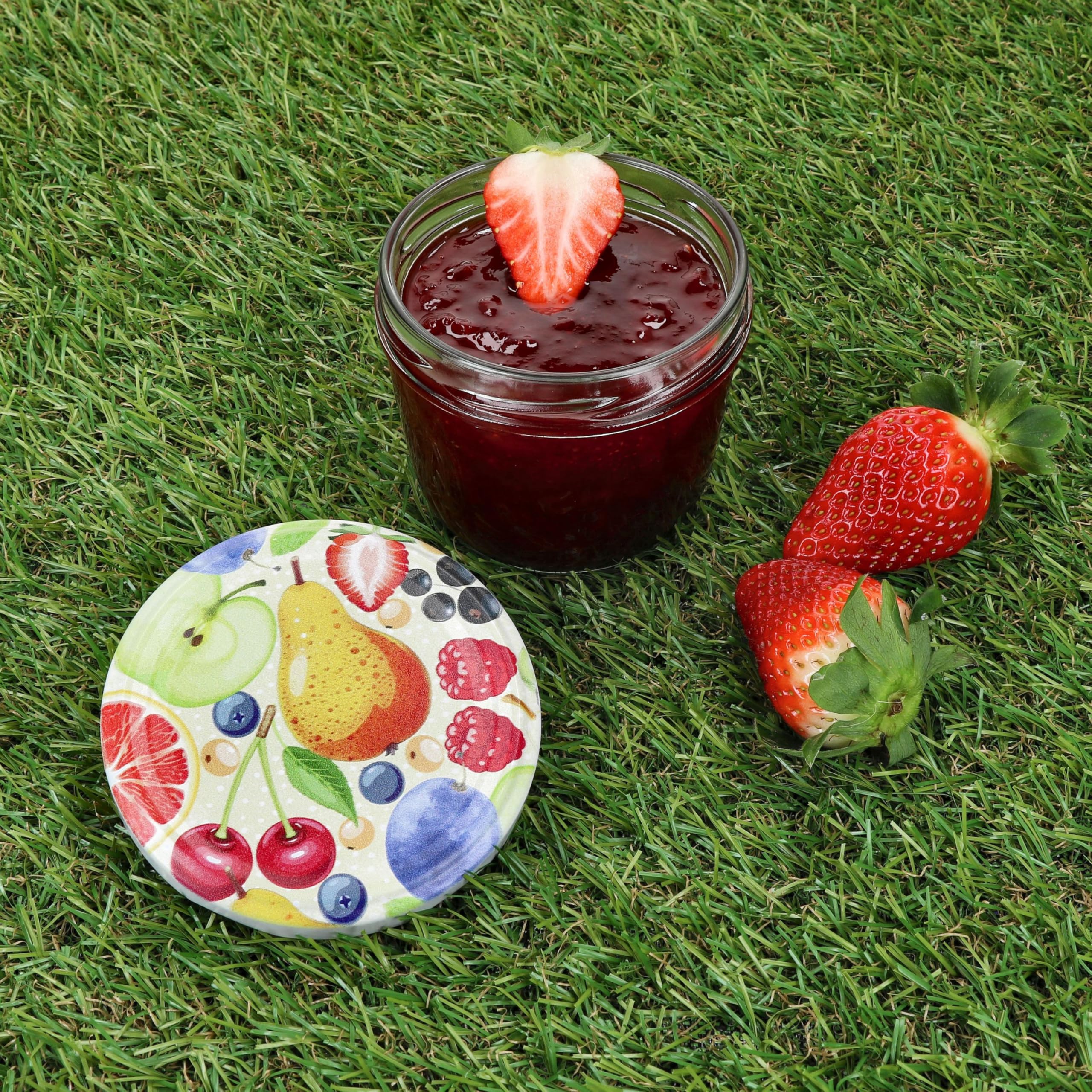 MamboCat 100er Set Sturzglas 230 ml mit Schraub-Deckel Comic-Obst I Einmachgläser + to 82 Deckel mit Diamant-Zucker-Rezept I Vorratsgläser einkochen & konservieren
