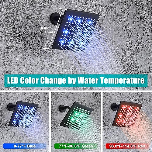 Miniatura 2 de SKOWLL Kit de ducha de cabezal de lluvia, juego de grifo de ducha LED montado en la pared, una sola función, mezclador de baño de 8 pulgadas, juego