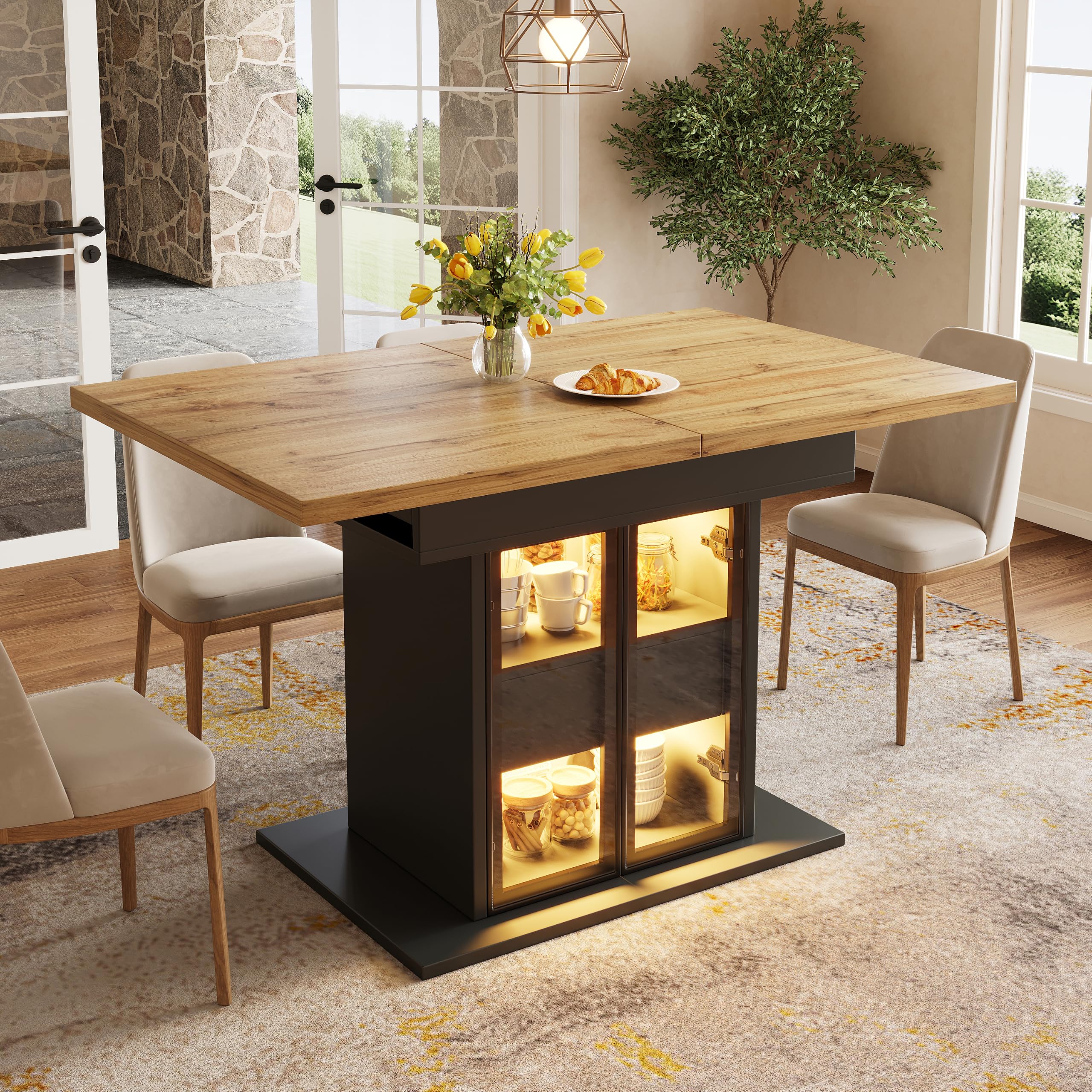 Tavolo da pranzo allungabile con vano portaoggetti e illuminazione LED RGB, 110-140 cm, porte scorrevoli in vetro e maniglie a pressione nascoste (nero)