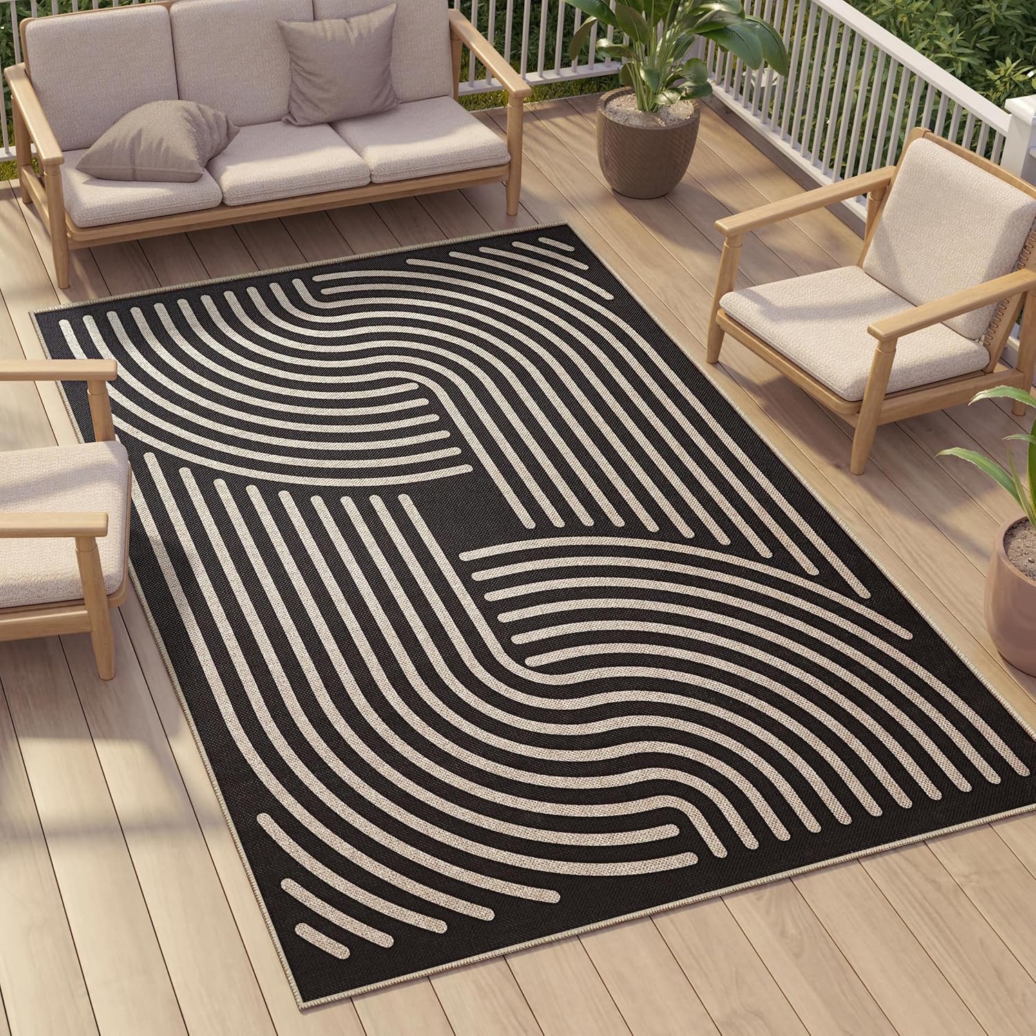 Easy Jute Area Rug - 3x5 Machine Washable Boho Low Pile Carpet for Living Room Bedroom Patio, Black