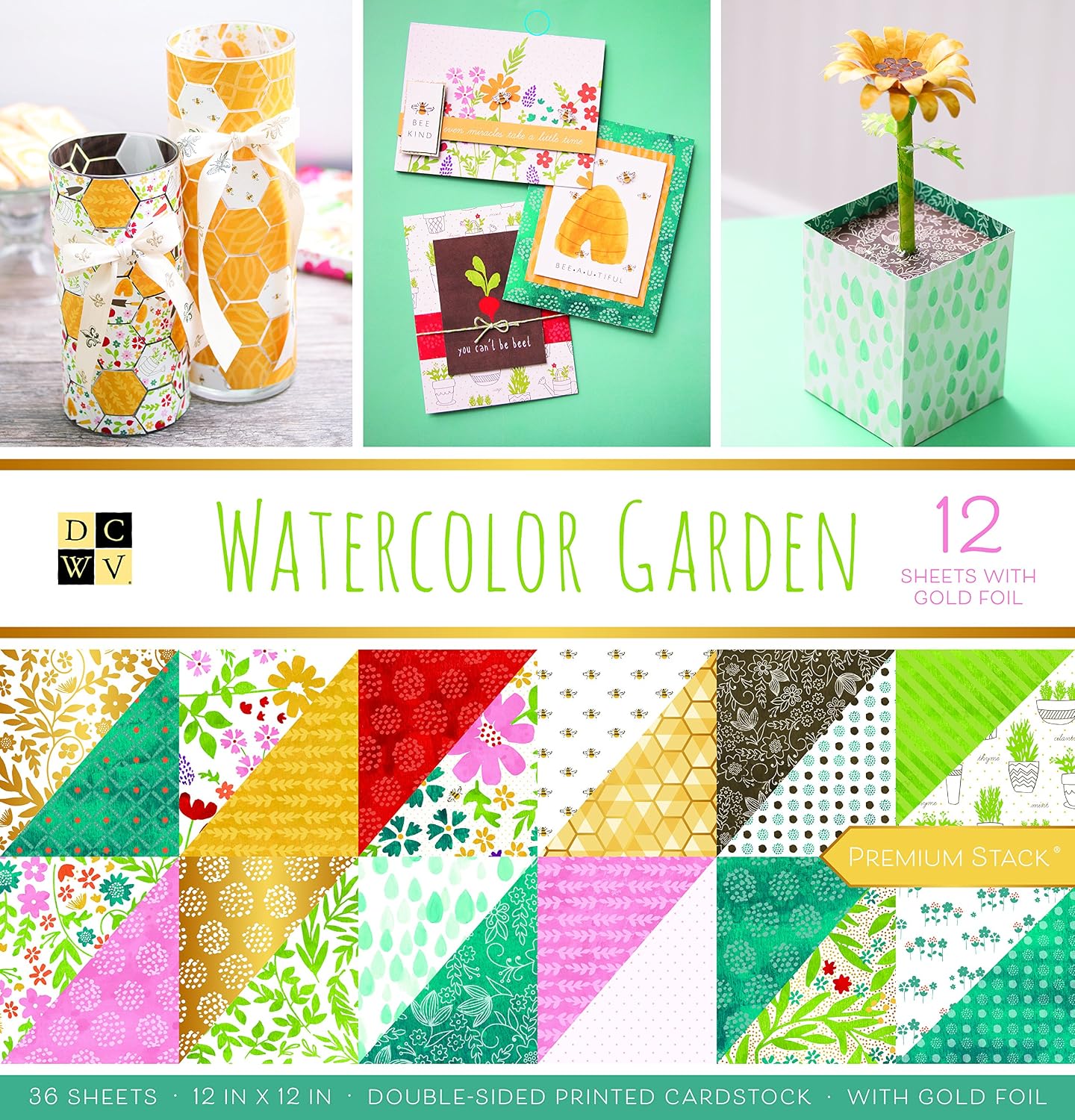 DCWV Printed Cardstock Paper 12x12, 36 Sheets of Scrapbook Paper for Crafts and Card Making, Double Sided Heavy Duty Cardstock with Foil Accents - Watercolor Garden