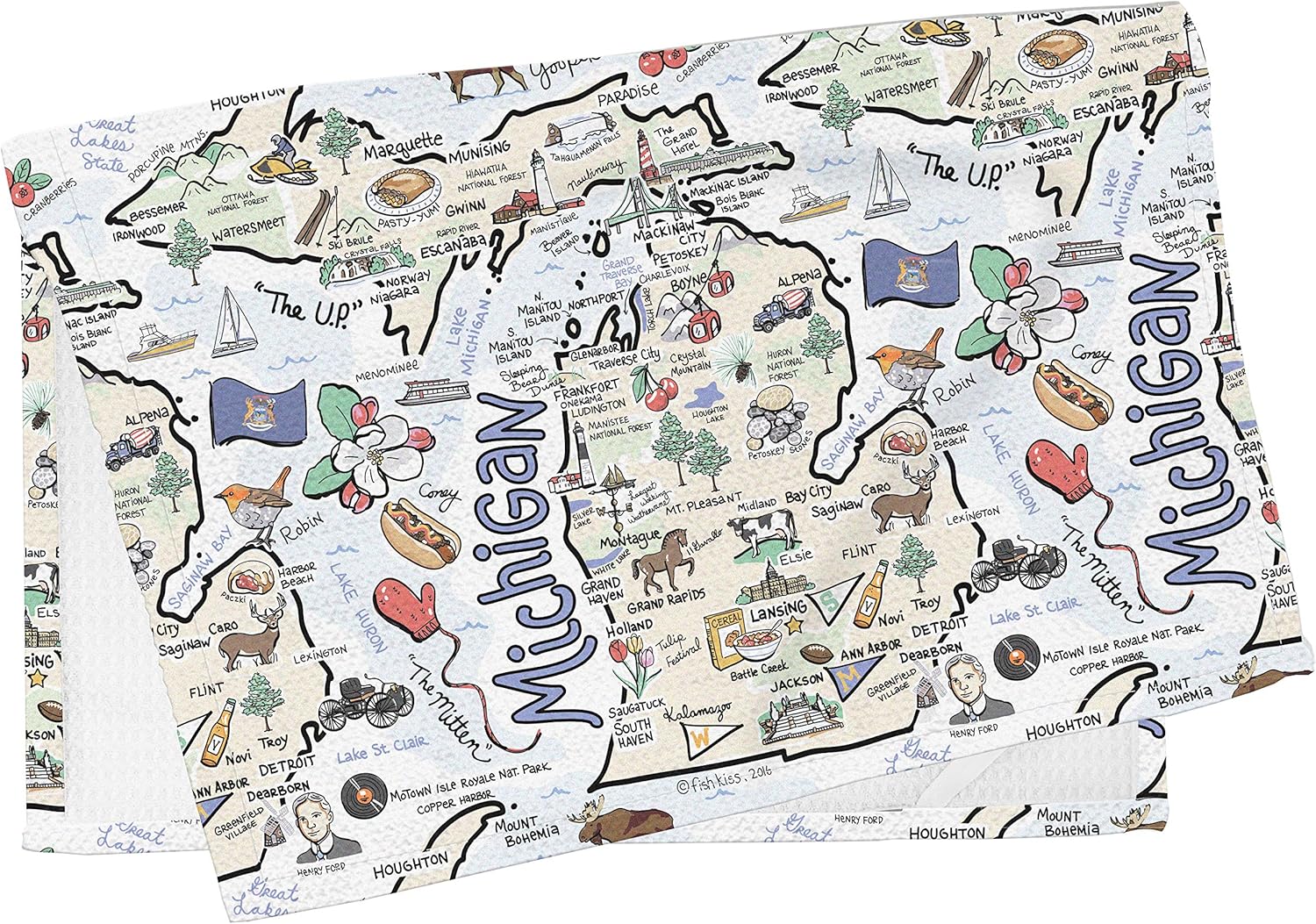 Fish Kiss 16"x24" Michigan Map Towel is 100% Microfiber Waffle Weave Help You Explore in Detail – Our Super Absorbent & Soft, Machine Washable State Map Towel is Stain & Wrinkle Resistant