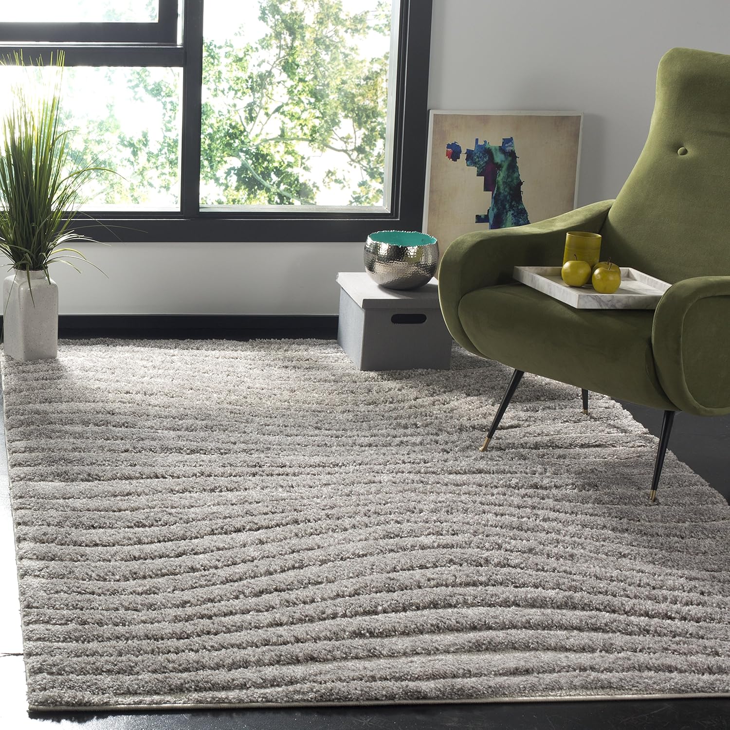 SAFAVIEH Memphis Shag Collection Area Rug - 6'7" Square, Grey & Ivory, Abstract Design, Non-Shedding & Easy Care, 1.2-inch Thick Ideal for High Traffic Areas in Living Room, Bedroom (SG835F)