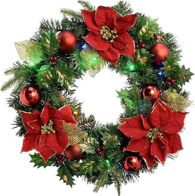 WeRChristmas Pre-Lit Decorated Wreath Illuminated with 20 Multi-Colour LED Lights, 60 cm - Red/Gold