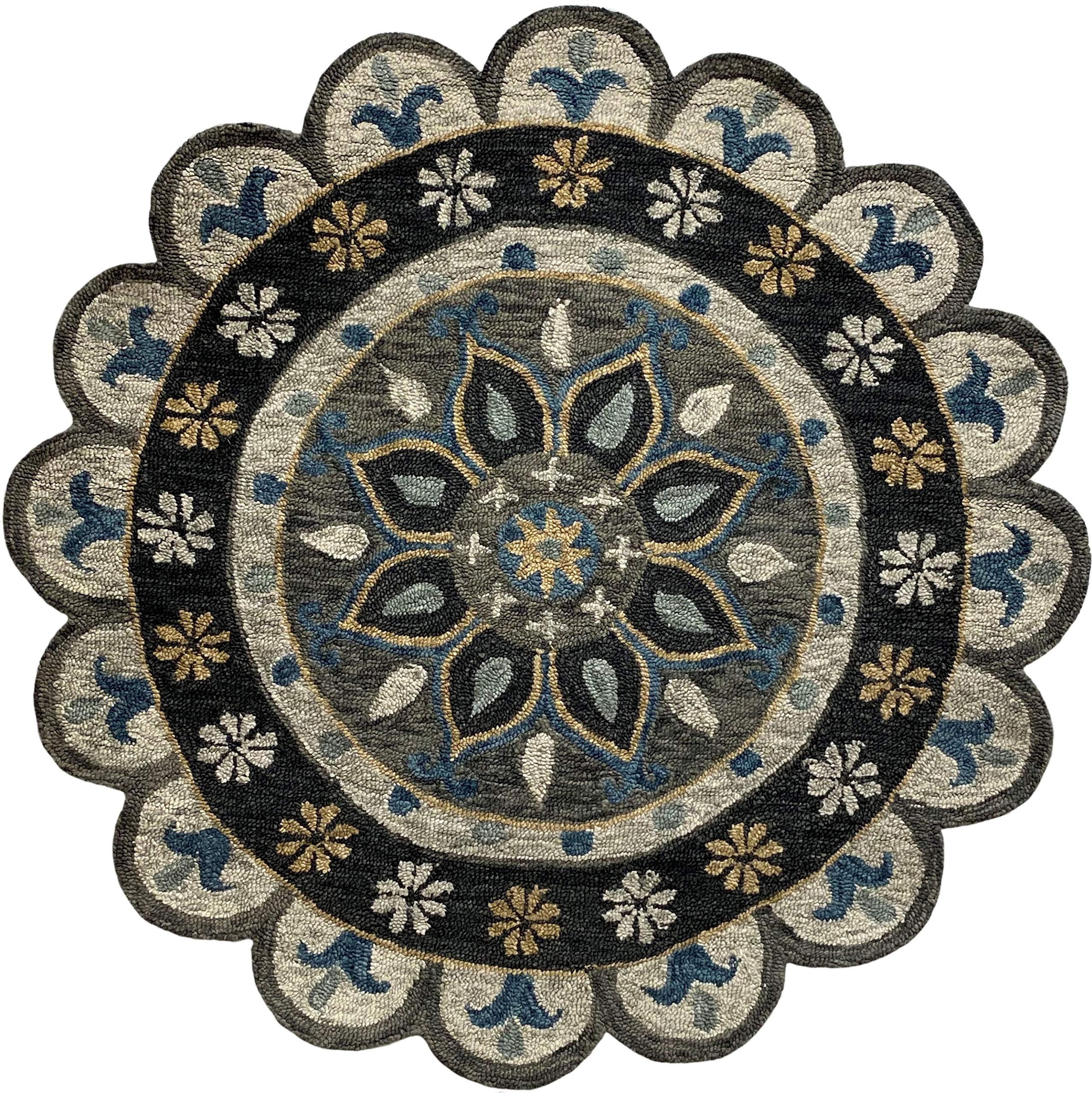 LR Home Floral Dreaming Medallion Scalloped Round Rug, Gray, 4'10" Round