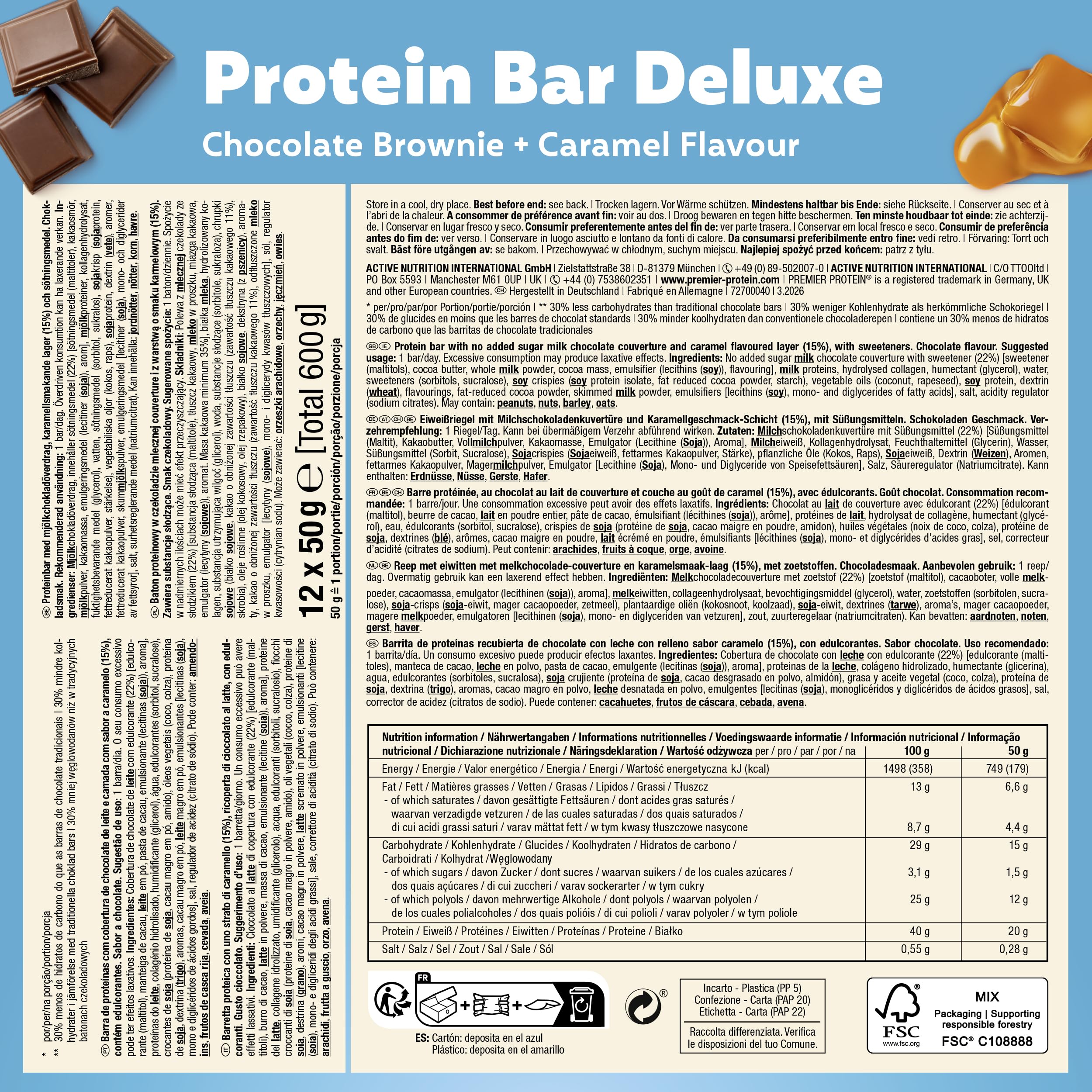 Premier Protein - Protein Bar Deluxe 40% - Chocolate Brownie - 12x50g - Low sugar - Low Carb - palmölfrei – Ansicht 2