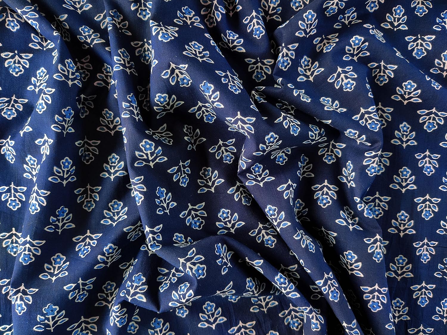 AVKA Studio Hand Block Print Fabric by The Yard - PRECUT 5 Yards 42 Inch Width - 100% Cotton Material - Indigo Blue Floral Pattern - Light Weight Indian Cloth for Summer Dress Tops Indian Fabric