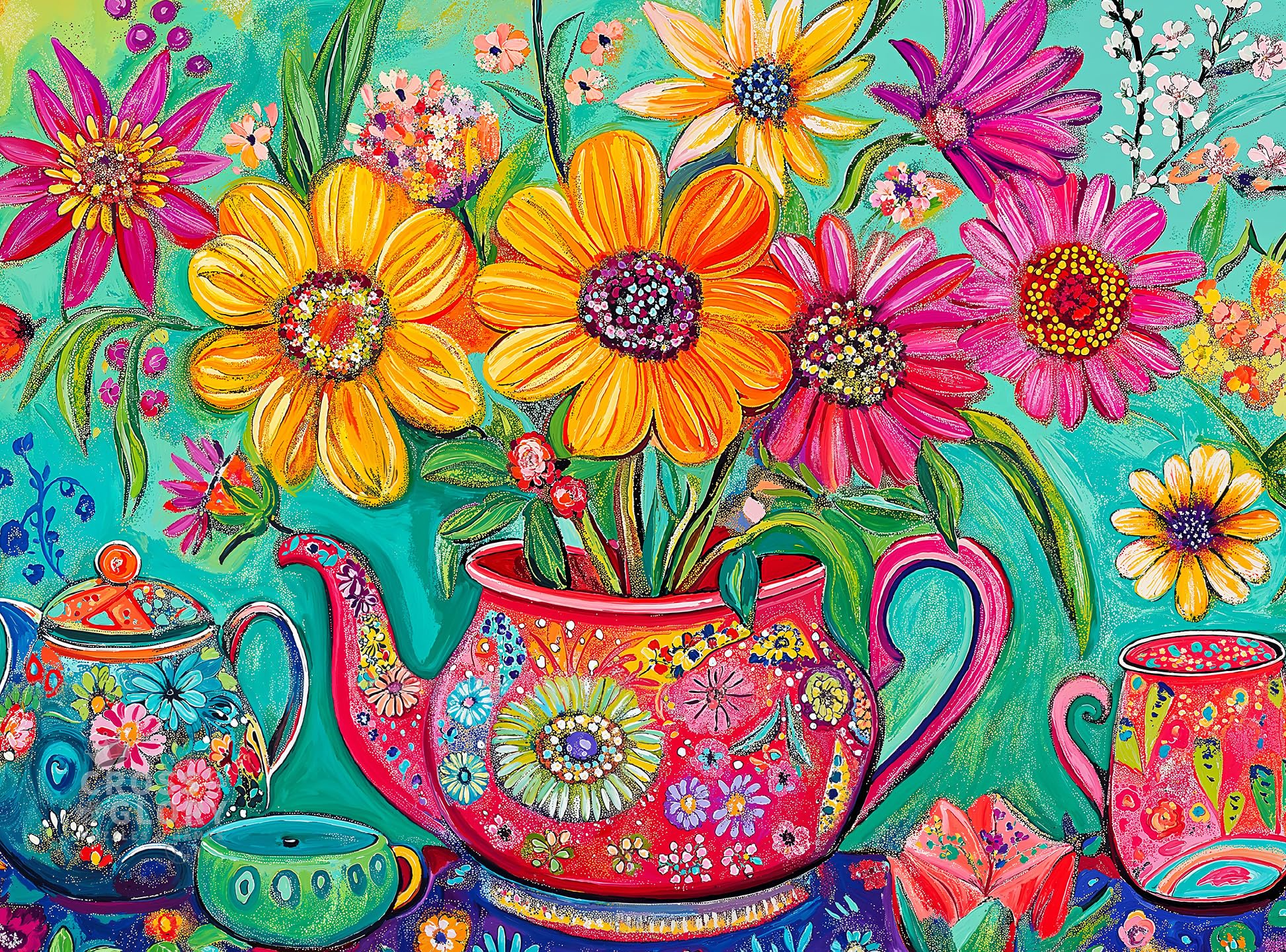 Cross & Glory - The Colorful Teapot Garden - 1000 Piece Jigsaw Puzzle for Adults | Best New Floral Artwork Puzzle | Relaxing and Intricate Puzzle Experience