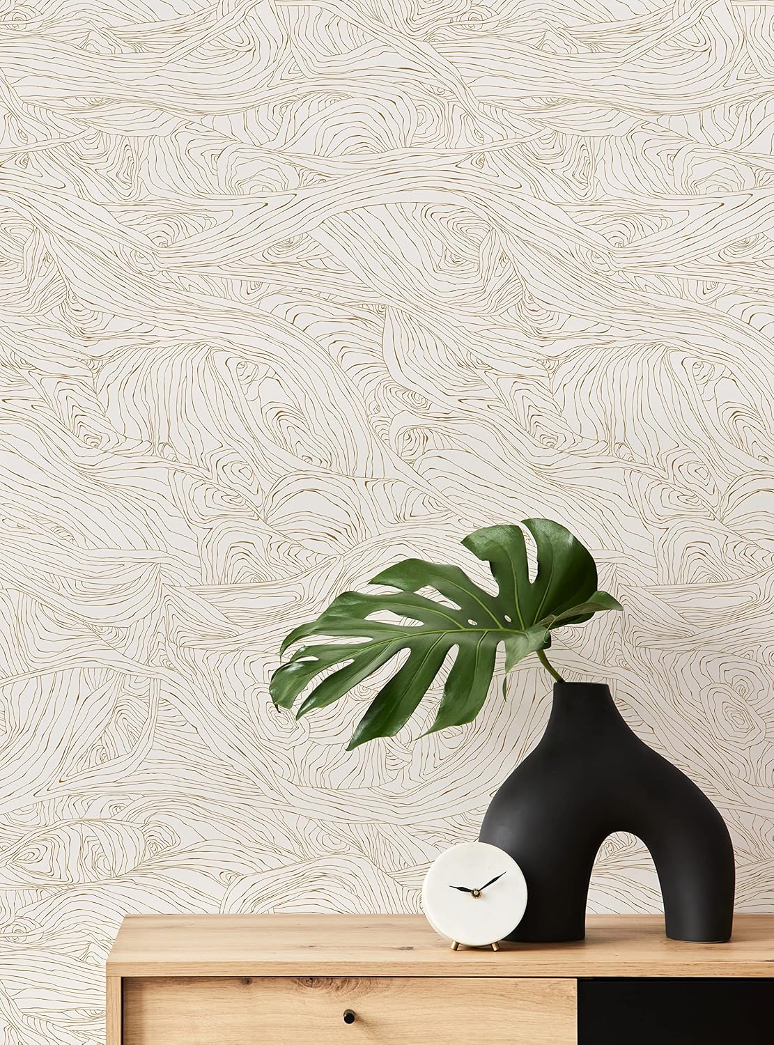 Simple Shapes Wood Grain Waves Peel and Stick Wallpaper (6 Sheet Set - 2x9 Feet, Gold)