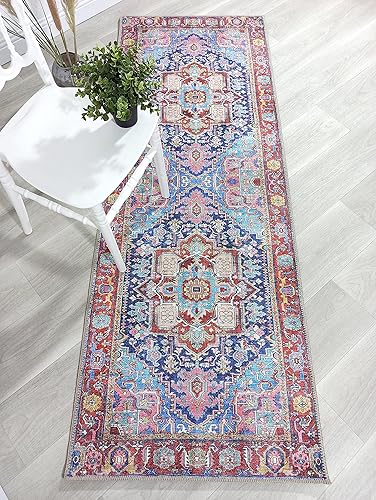 Miniatura 9 de Fame Rugs Alfombras bohemias vintage para sala de estar, dormitorio, rosa y azul marino, 2 pies 4 pulgadas x 6 pies 8 pulgadas