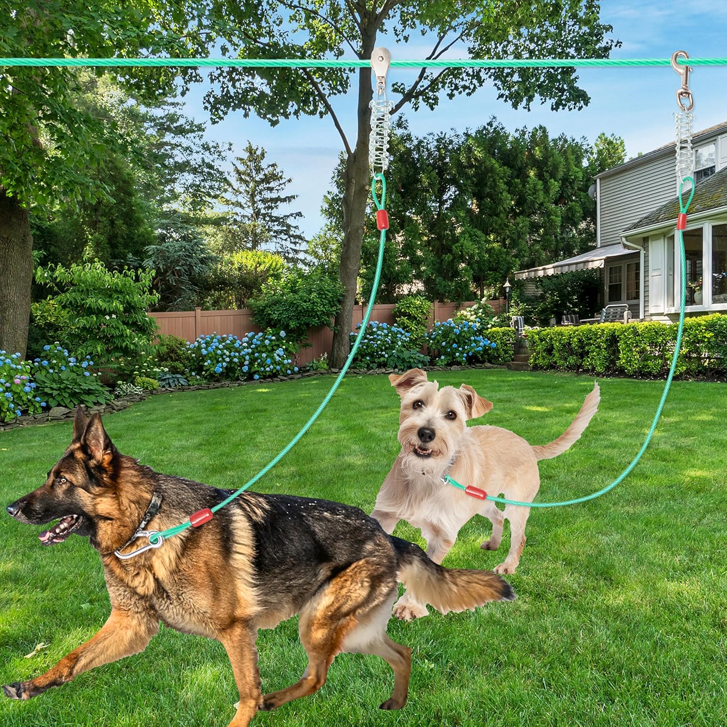 100FT Dog Tie Out Cable with 10FT & 15FT Trolley Run Leash for Yard, Heavy Duty Long Dog Chains for Outside Camping, Training, Travel, Chew Proof Cable Leads for Small, Medium & Large Dogs