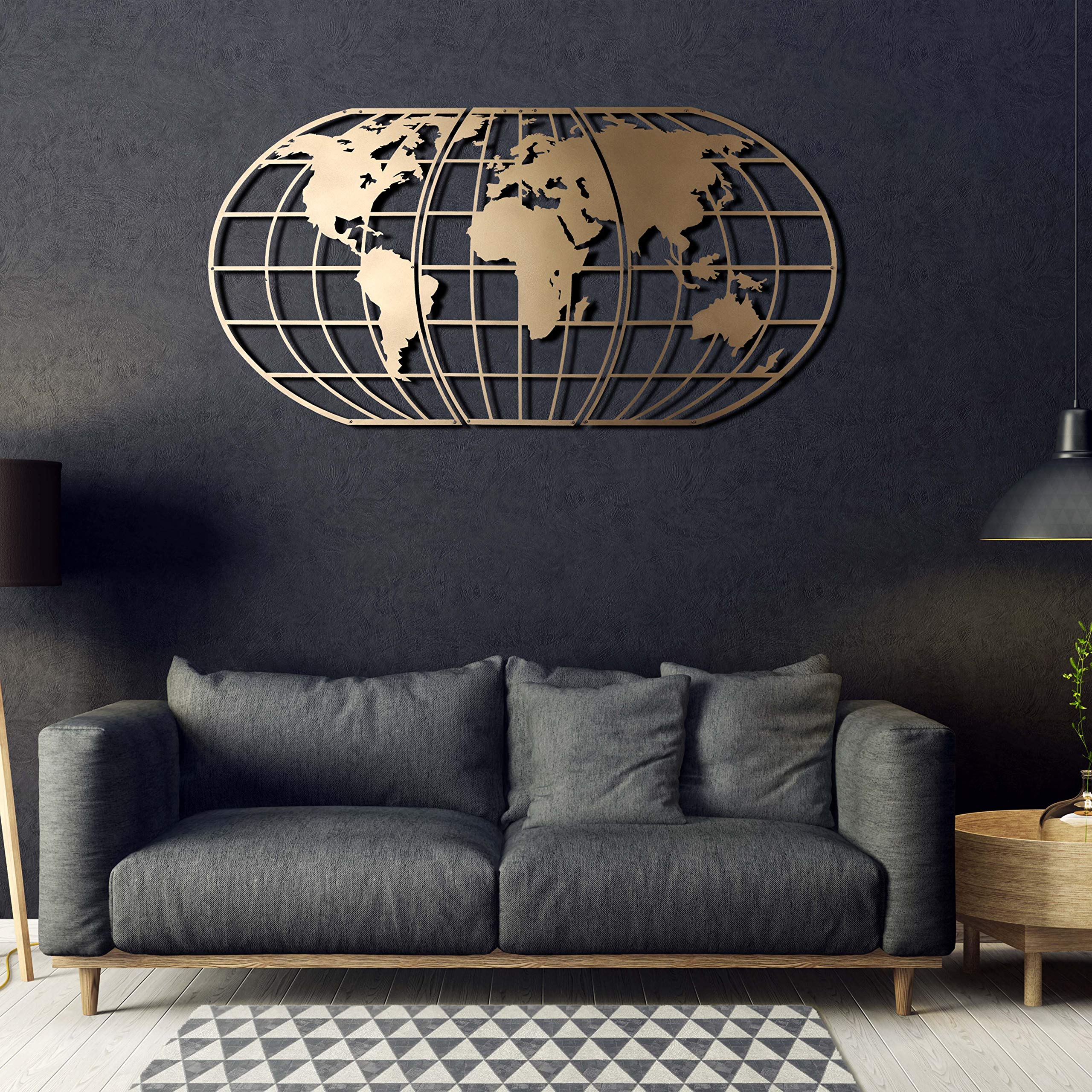 Tubibu Arte de pared moderno, 100 % metal, globo metálico de mapa del mundo, tamaño 23.6 x 47.2 pulgadas, colgante para sala de estar y dormitorio (dorado)