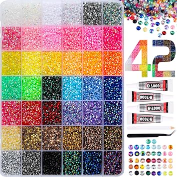 37800pcs Bedazzling Kit with 42 Colors Resin Jelly Rhinestones, 410ml B7000 Jewelry Glue Multicolor 3mm Flatback Sparkling Gems for Nail Art, Crafts, Clothing, Diamond Painting