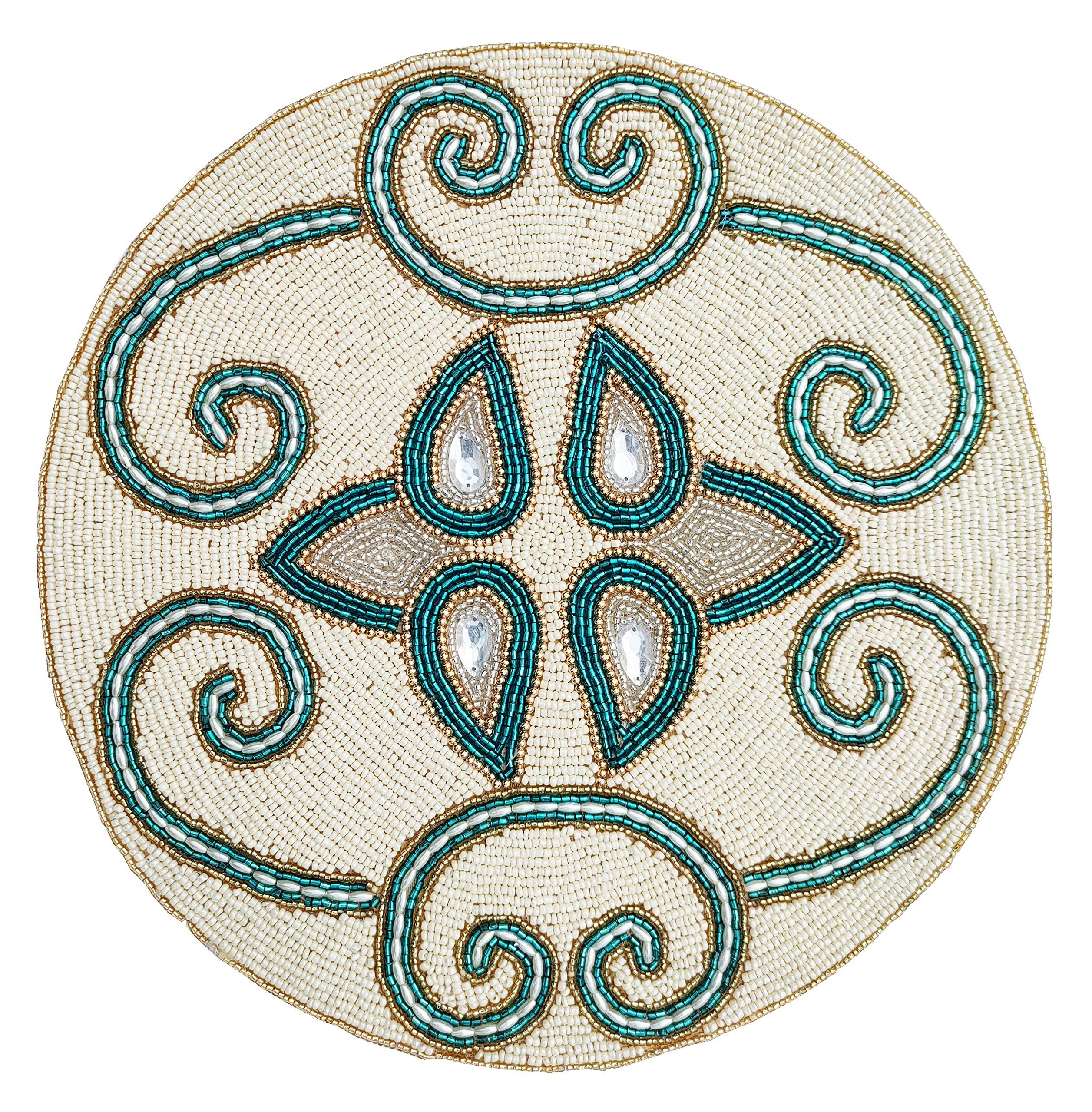 Bedding CraftRound Placemats - 13" Diameter - White Teal Gold Combo Design - Perfect for Dining, Christmas, Wedding - Luxurious Gold Finish - Enhance Your Table with Beaded Round Charger
