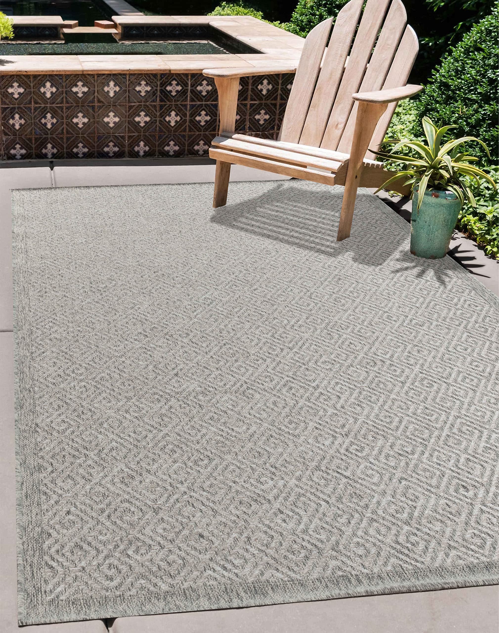 Serdim Rugs Silver-Greek Harper Kilim Braided Greek Key Design Outdoor Rugs, Silver, Rectangle 120 X 170Cm