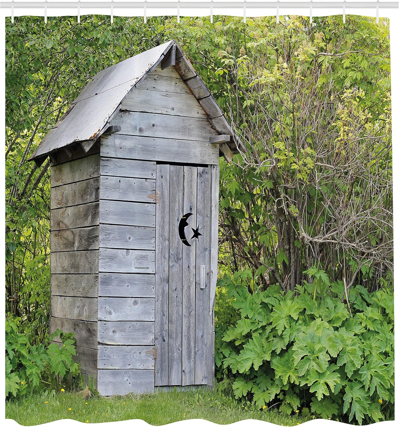 Ambesonne Outhouse Shower Curtain, Vintage Farm Life Cottage Barn Shed in Forest Trees Leaves Picture, Cloth Fabric Bathroom Decor Set with Hooks, 69" W x 70" L, Pale Grey and Fern Green