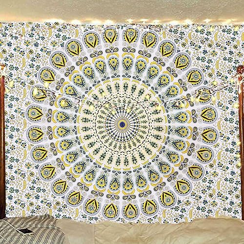 Miniatura 19 de Tapiz hippie indio bohemio psicodélico dorado mandala de pavo real azul dorado para colgar en la pared (naranja marrón, King (88 x 104 pulgadas)