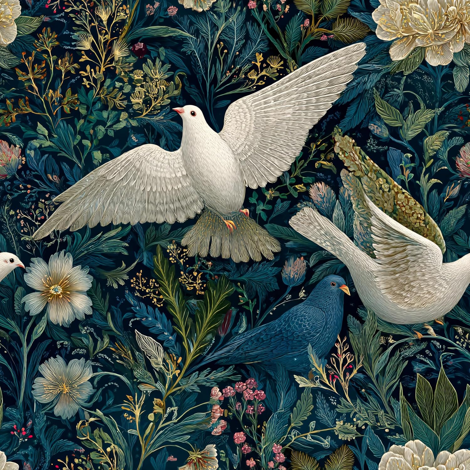 Vintage Dark Blue Navy Botanical Dove Peel and Stick Wallpaper Self Adhesive 17.72" X 236.2'' Gilded Floral Feather Texture Wall Paper Renter Friendly Removable Waterproof for Living Room Bedroom