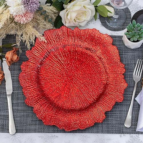 Miniatura 2 de Juego de 6 platos rojos redondos de 13 pulgadas, cargadores de arrecife de plástico para platos de cena, suministros de boda para todas las