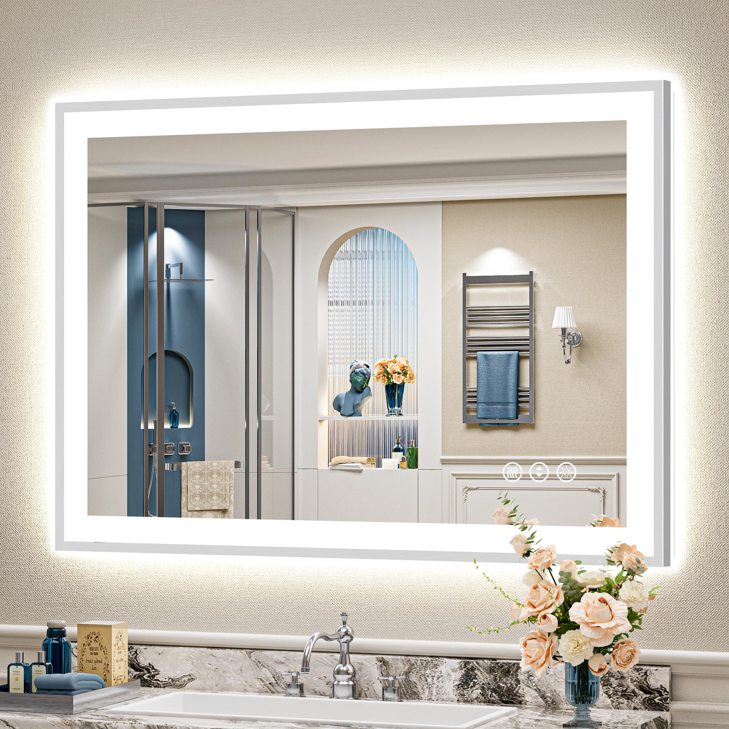 44x32 Brushed Nickel LED Bathroom Mirror with Lights, Backlit &amp; Front-Lit, Anti-Fog, Framed Lighted Vanity Mirrors for Bathroom Wall, Dimmable, 3 Colors, Memory, Shatter-Proof, Tempered Glass