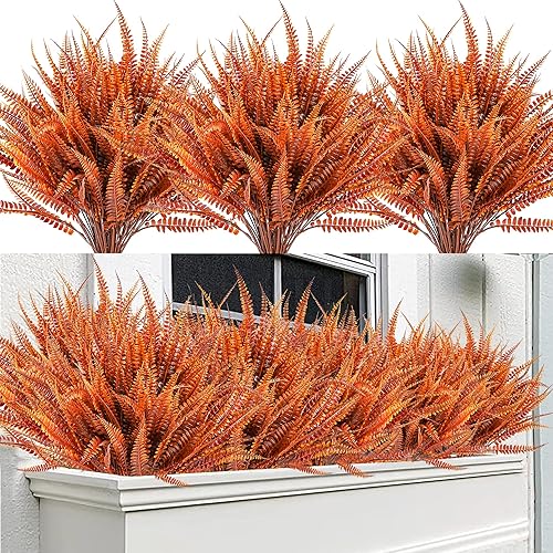 Sggvecsy 12 Bundles Artificial Boston Fern Fall Plant Fake Bushes Artificial Shrubs Outdoor Greenery UV Resistant Plants Faux Plastic Plants for Home Garden Indoor Fall Thanksgiving Autumn Decor(Fall)