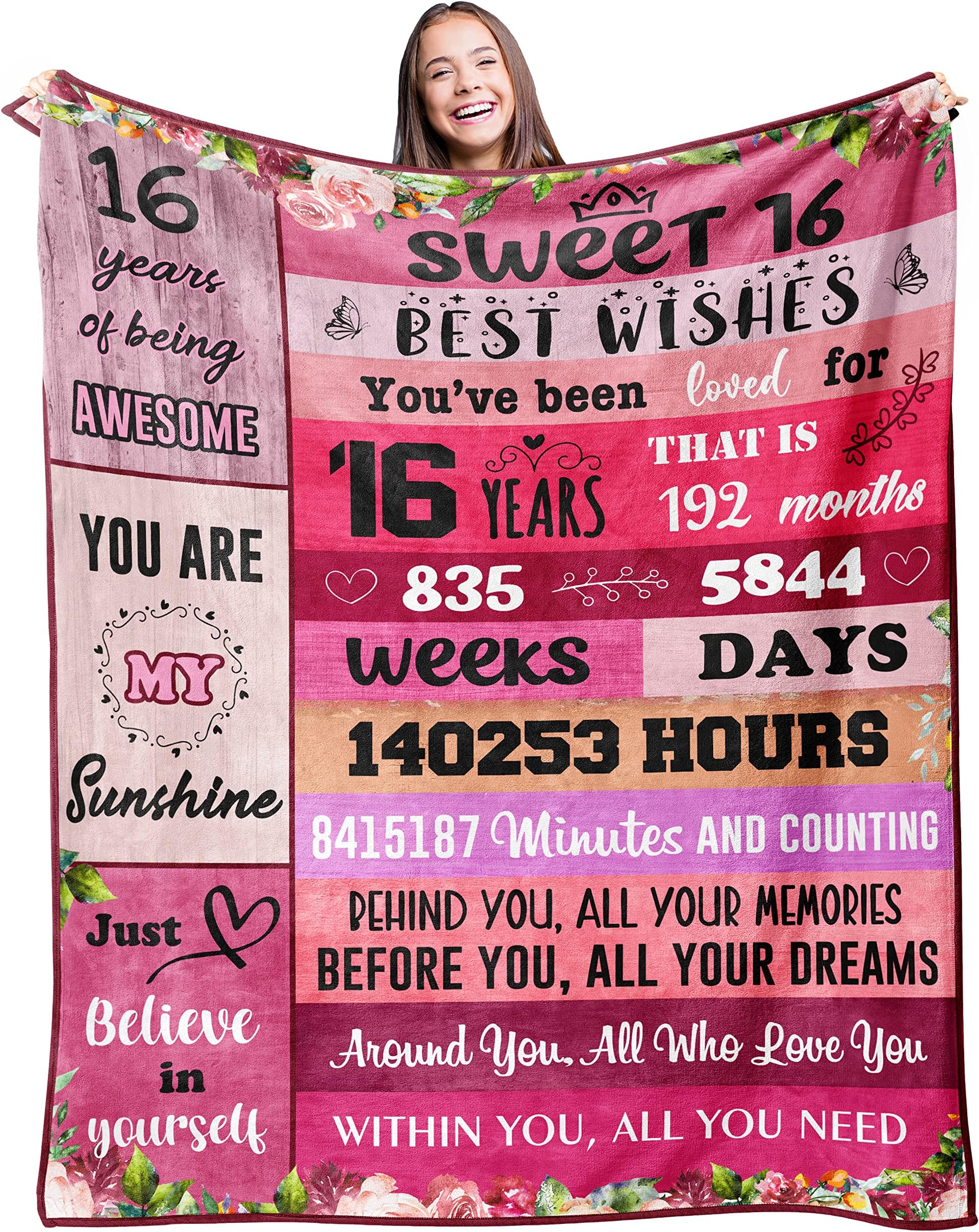 Kituzol Sweet 16 Gifts for Girls Blanket 50”x60” - 16th Birthday Gifts for Girls - Best 16th Birthday Decorations for Girl - 16 Year Old Girl Gift for Birthday Throw Blankets - Sweet Sixteen Gift Idea