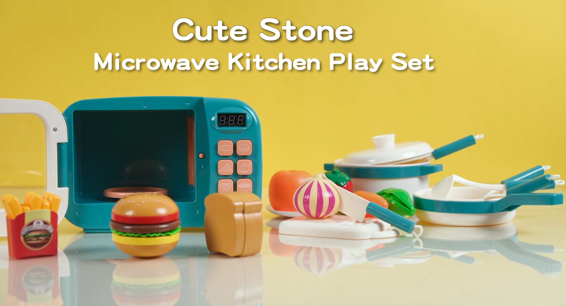 Cute Stone Set Cuisine Enfant – Micro-Ondes Électronique Avec Sons Et Lumières – Aliments à Découper – Ustensiles – Dès 3 Ans – Cadeau