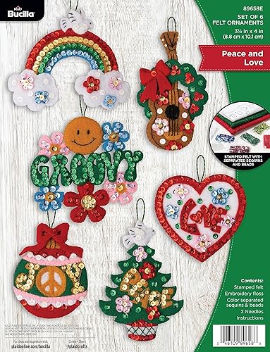 Bucilla, Peace and Love, 89658E - Kit de decoración de 6 piezas con apliques de fieltro, perfecto para manualidades y manualidades