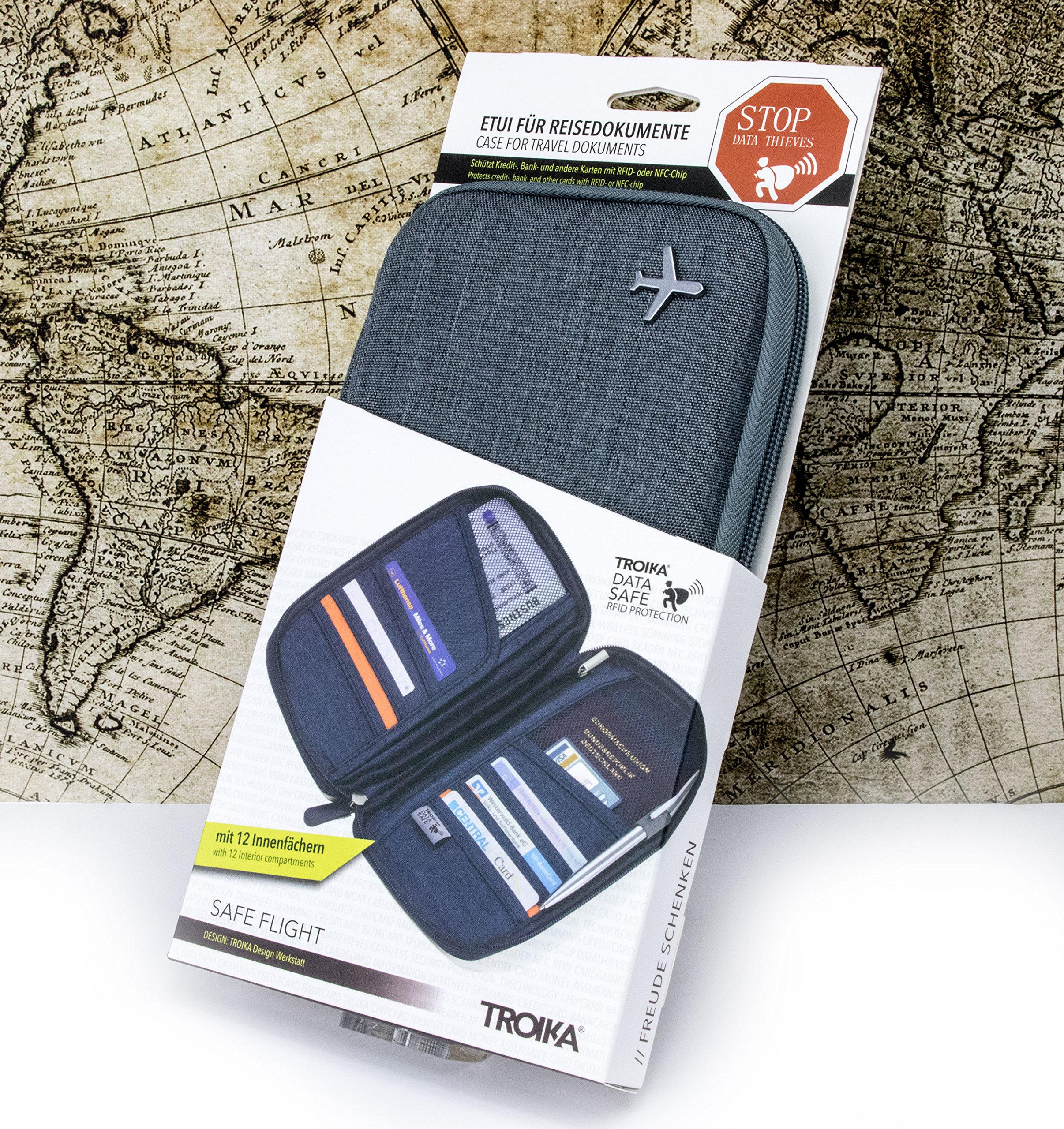 TROIKA Safe Flight TRV20/GY - Estuche para Documentos de Viaje (con Protector de Pantalla para Chips RFID), Cremallera, 12 Compartimentos Interiores, trabilla para bolígrafo, poliéster, Gris/Naranja