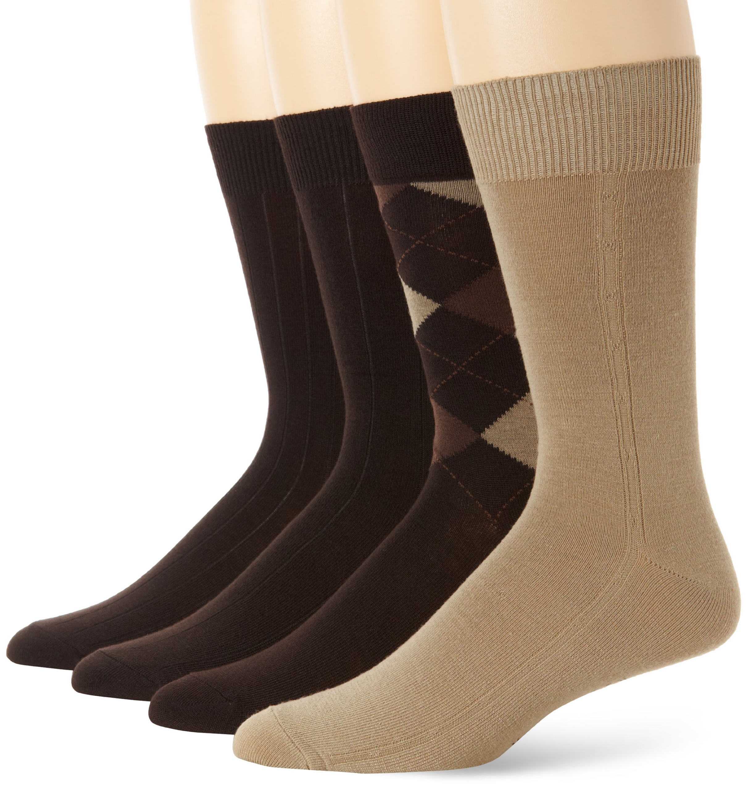 Van Heusen Men's 4-Pack Brown/Khaki Argyle & Vertical Stripe Dress Socks