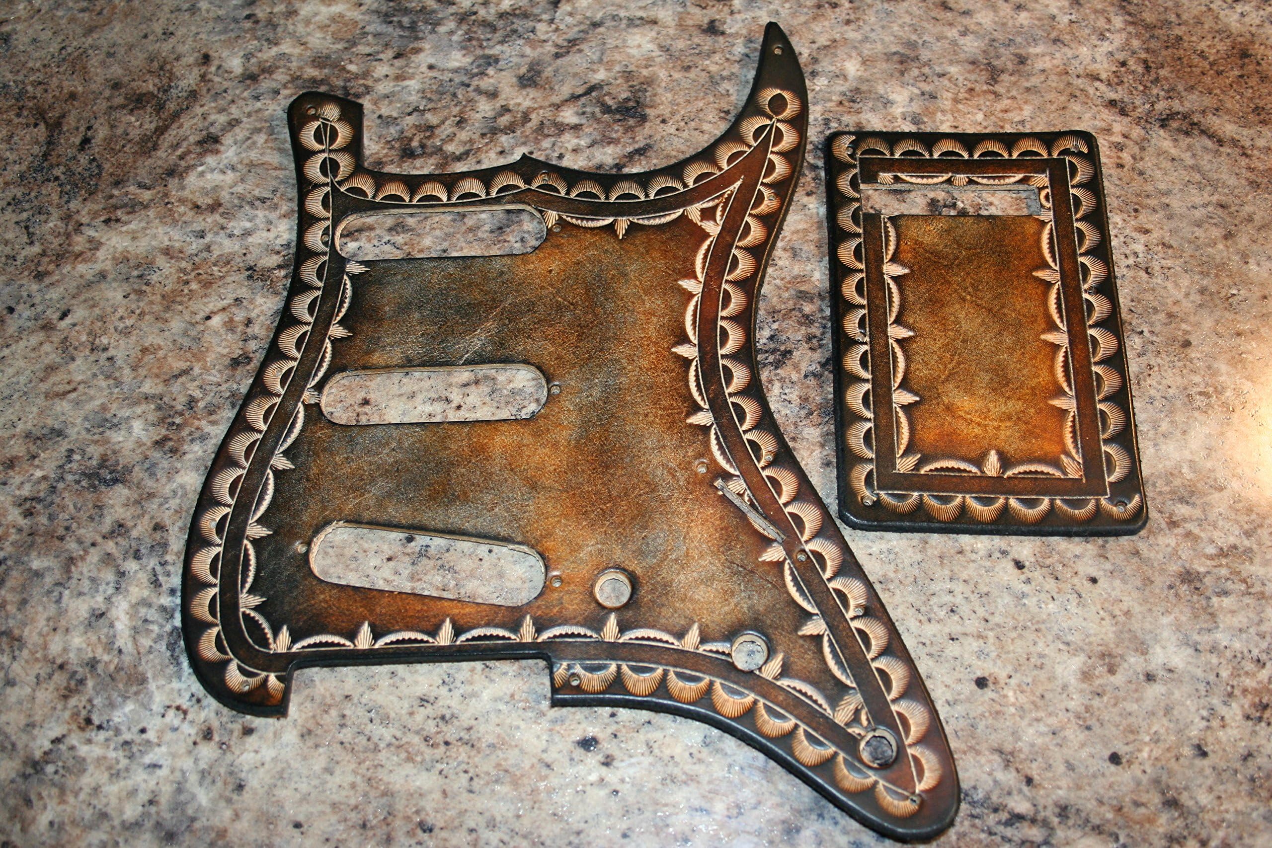 Leather Pick Guard - Fender Stratocaster Guitar Pickguard SSS - Hand Tooled - USA MIM Strat Models