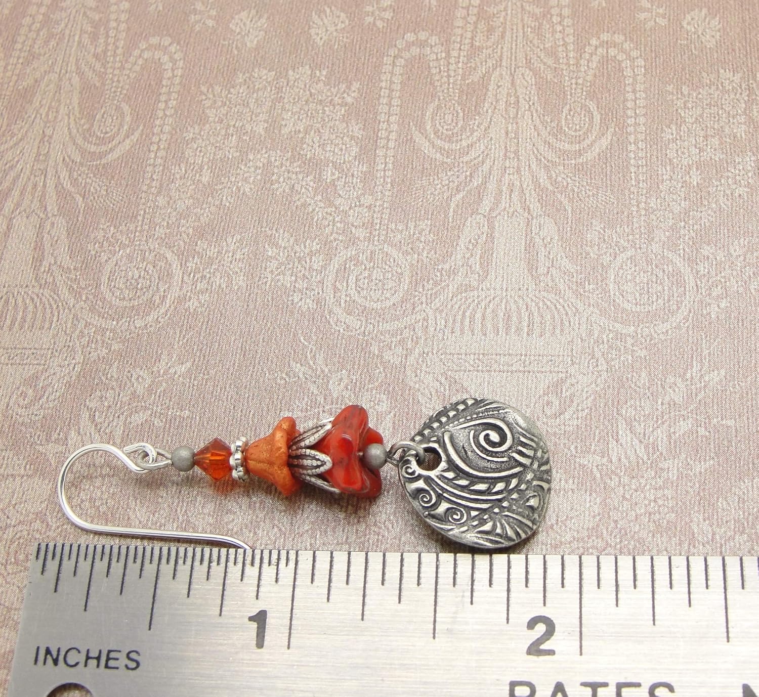 Handmade Boho Red and Orange Flower Earrings in Silver-tone