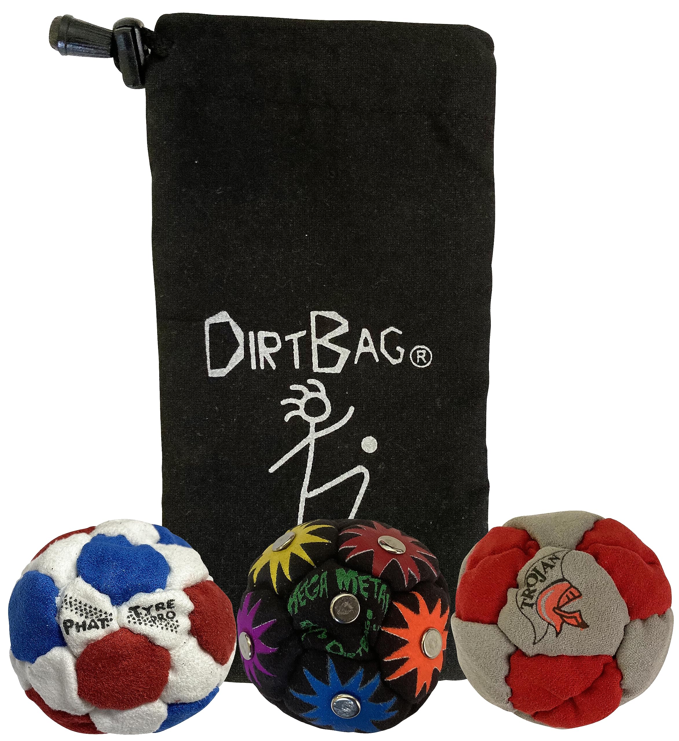 DIRTBAG Lover Footbag 3-Pack with Pouch, Includes Three Original and Unique Premium Quality Hand Sewn Footbags and Carry Pouch.