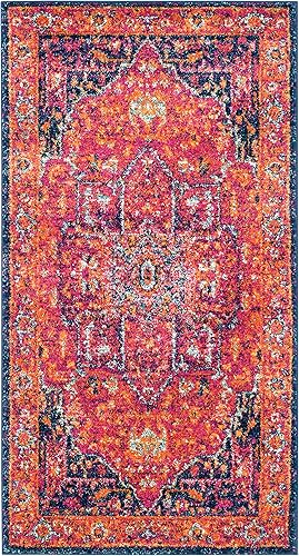 Miniatura 6 de SAFAVIEH Evoke Collection EVK275F Medallón oriental envejecido, no desprende pelusa, 2 pies 2 pulgadas x 4 pies, color azul  fucsia