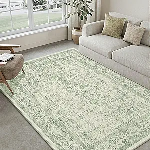 Sage Green Area Rug 5x7 Living Room Washable Carpet Vintage Distressed Non Slip Kitchen Carpet Neutral Low Pile Retro Floral Farmhouse Throw Rug for Home Office Bedroom Laundry Dining Room