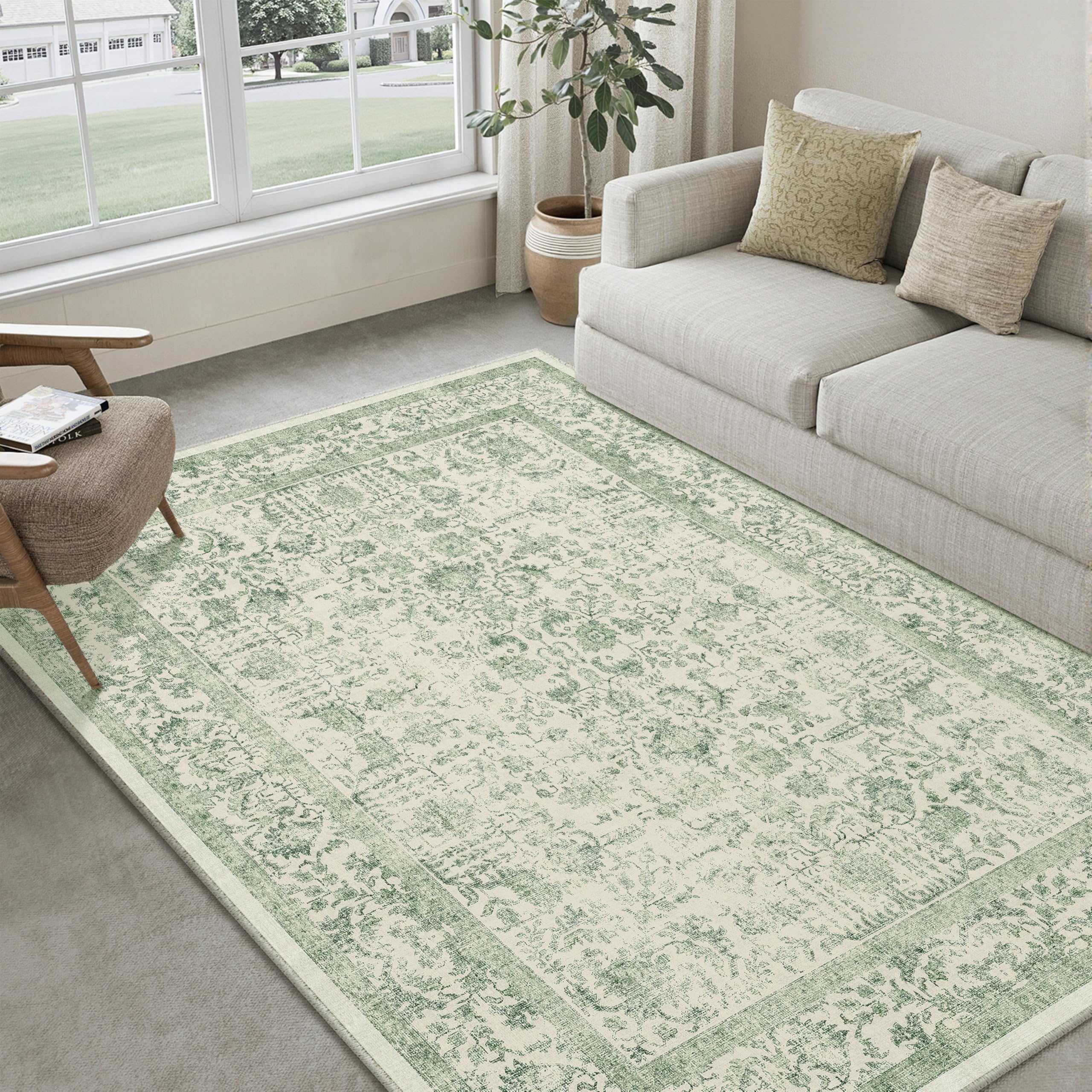 HUGEAR Vintage Tappeto Salotto Verde Tappeti 150x210cm Soggiorno Antiscivolo Lavabile in Lavatrice Tapette Camera da Letto Sala Ufficio Bambina Bambino Pelo Corto Grande Carpet
