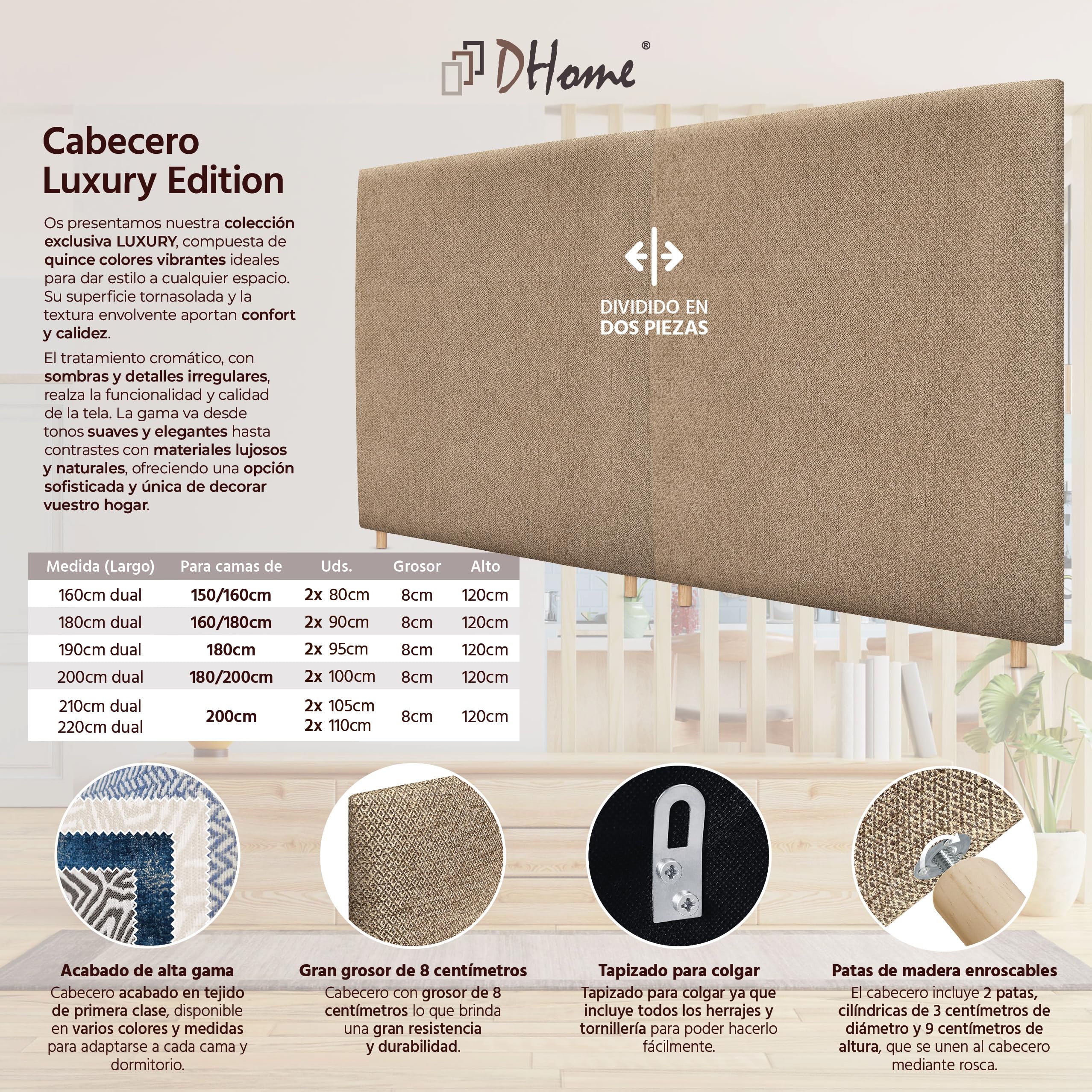 DHOME Testiera in Tessuto Luxury Liscia fino al Pavimento con Spessore di 8 cm Testata Imbottita per Letto Camera da Letto Moderna Top Trending (Golden Wood, 200cm Dual)
