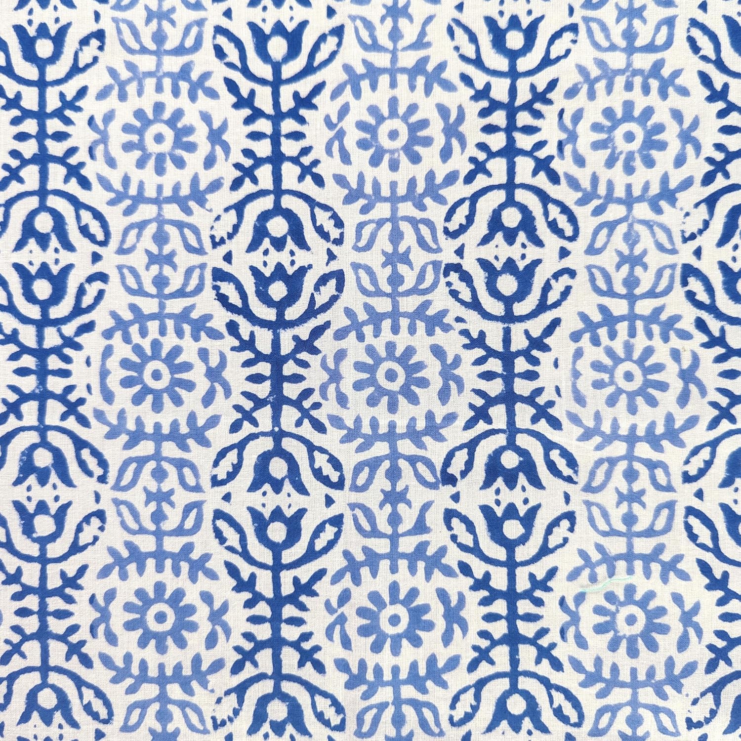 AVKA Studio Hand Block Print Fabric by The Yard - PRECUT 5 Yard 42 Inch Width - 100% Cotton Material - White & Blue Floral Pattern - Light Weight Indian Cloth for Making Summer Dress Tops Projects