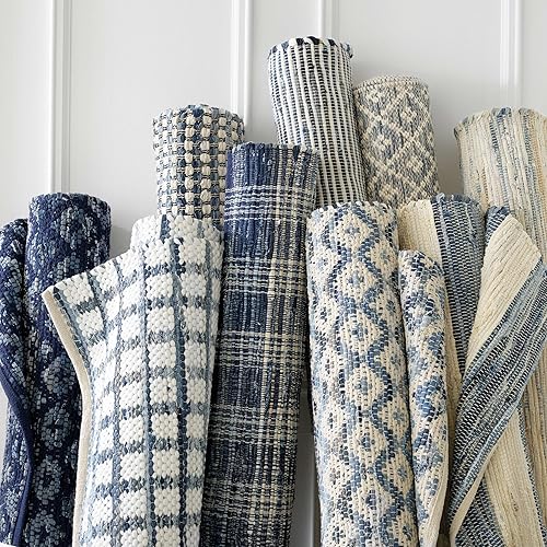 Miniatura 7 de Dash and Albert - Alfombra de algodón tejida a mano con diseño de diamante, 2 x 3 pies, patrón geométrico azul, calidad hotelera de lujo premium,