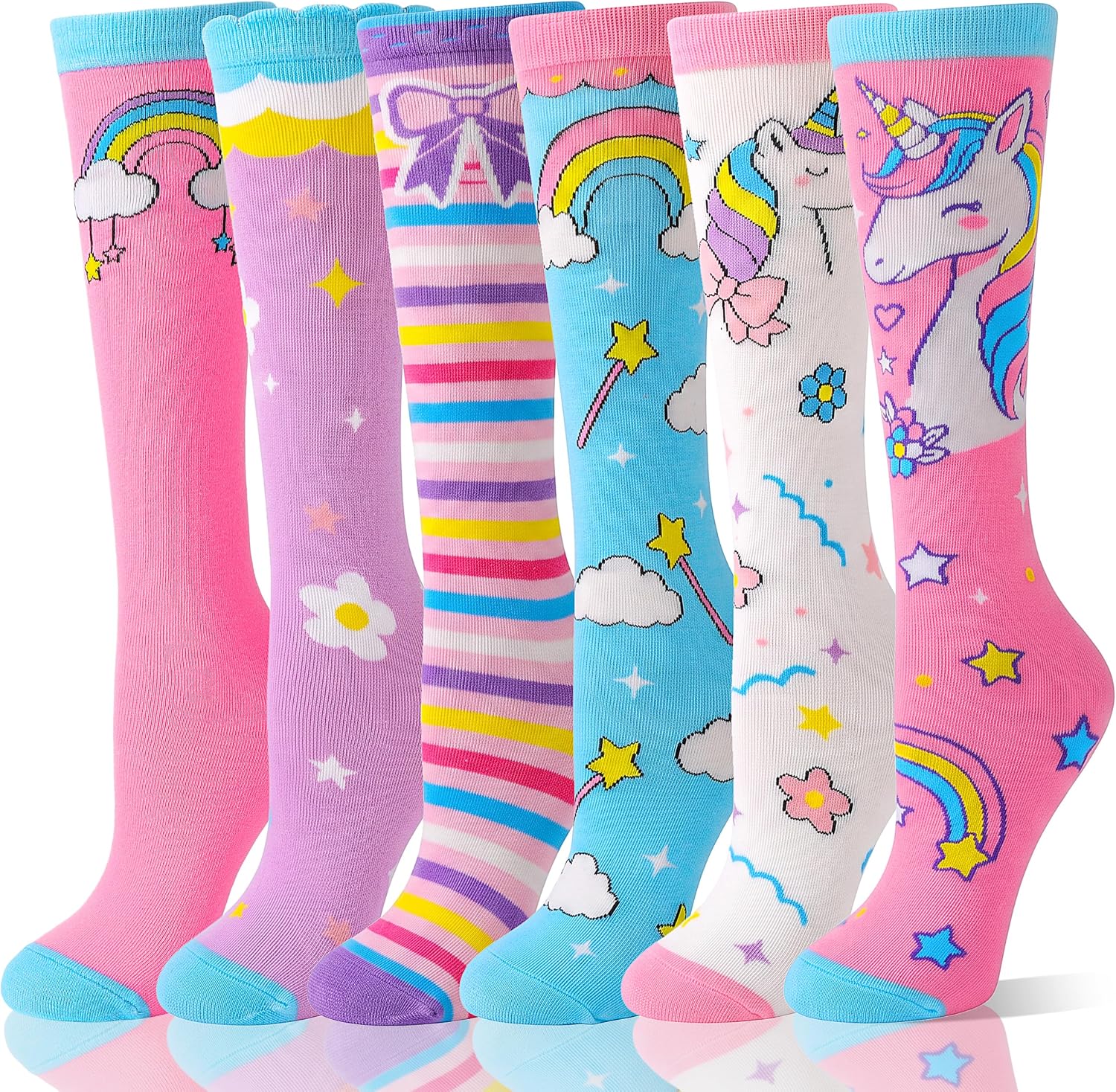 Kids Girls Knee High Socks, 6 Pairs, Funny Cute Crazy Long Socks