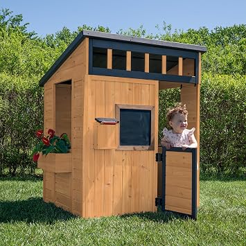 Backyard Discovery Caraway Cottage Cedar Wooden Kids Playhouse with Play Kitchen, Chalkboard, Mailbox, Half Door, Windows, Flower Box, Modern Farmhouse Design for Outdoor Imaginative Play