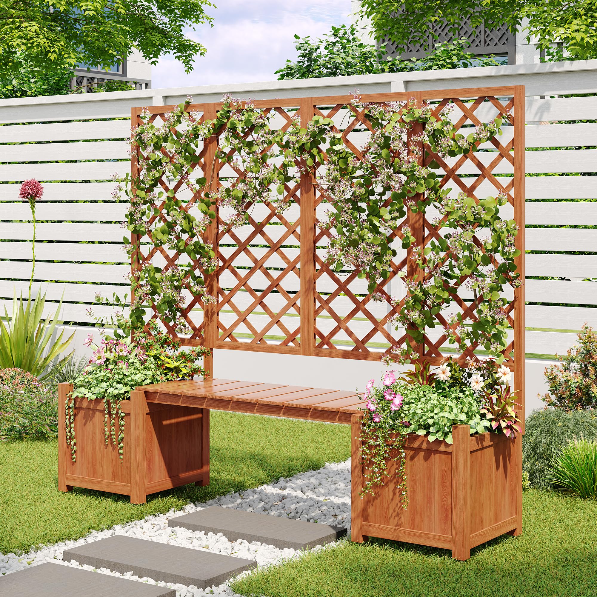 Pflanzkübel Pflanzgefäß mit Spalier als Rankhilfe Blumenkübel mit viel Platz Blumenkasten Pflanzenkasten Braun Massivholz Tanne Pflanzkübel mit Spalier und Sitz für Garten Hof Terrasse