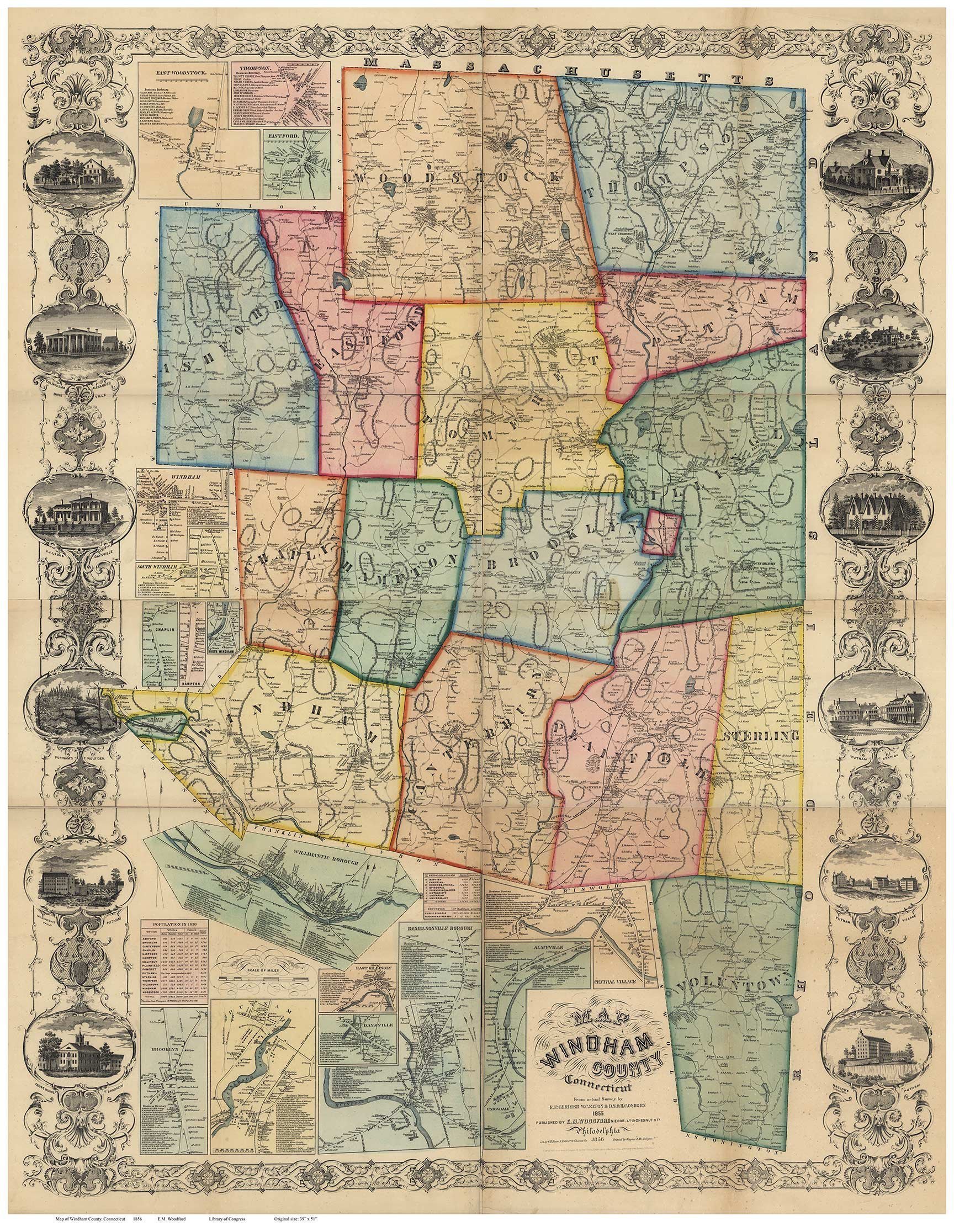 Windham County Connecticut 1856 - Wall Map with Homeowner Names Old Map Reprint