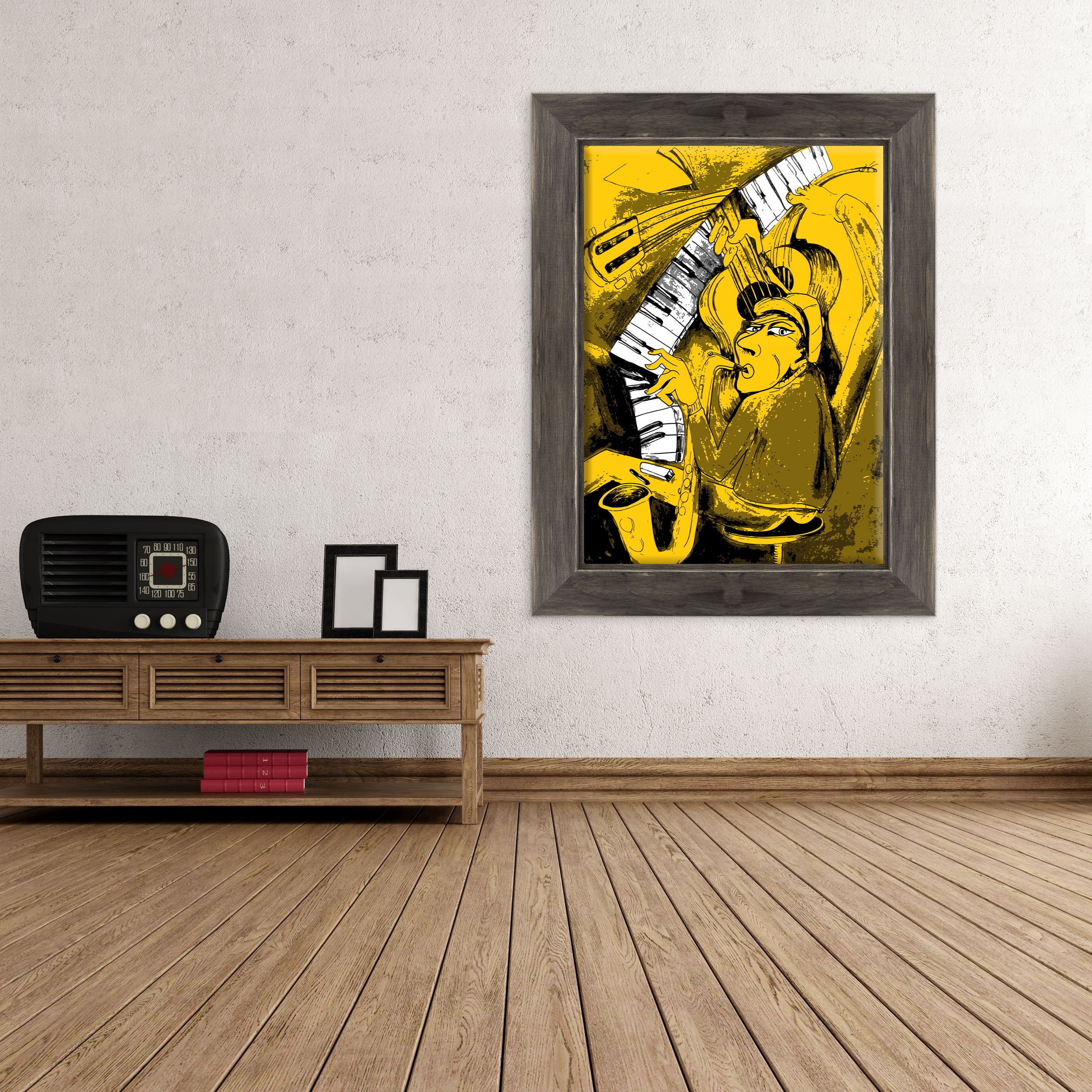 Quadro su Tela Canvas INTELAIATO - con Cornice - Musica Jazz - Illustrazione Disegno Pianista con Sax - 30x40cm - Stile Country Nero Shabby - (cod.1112)