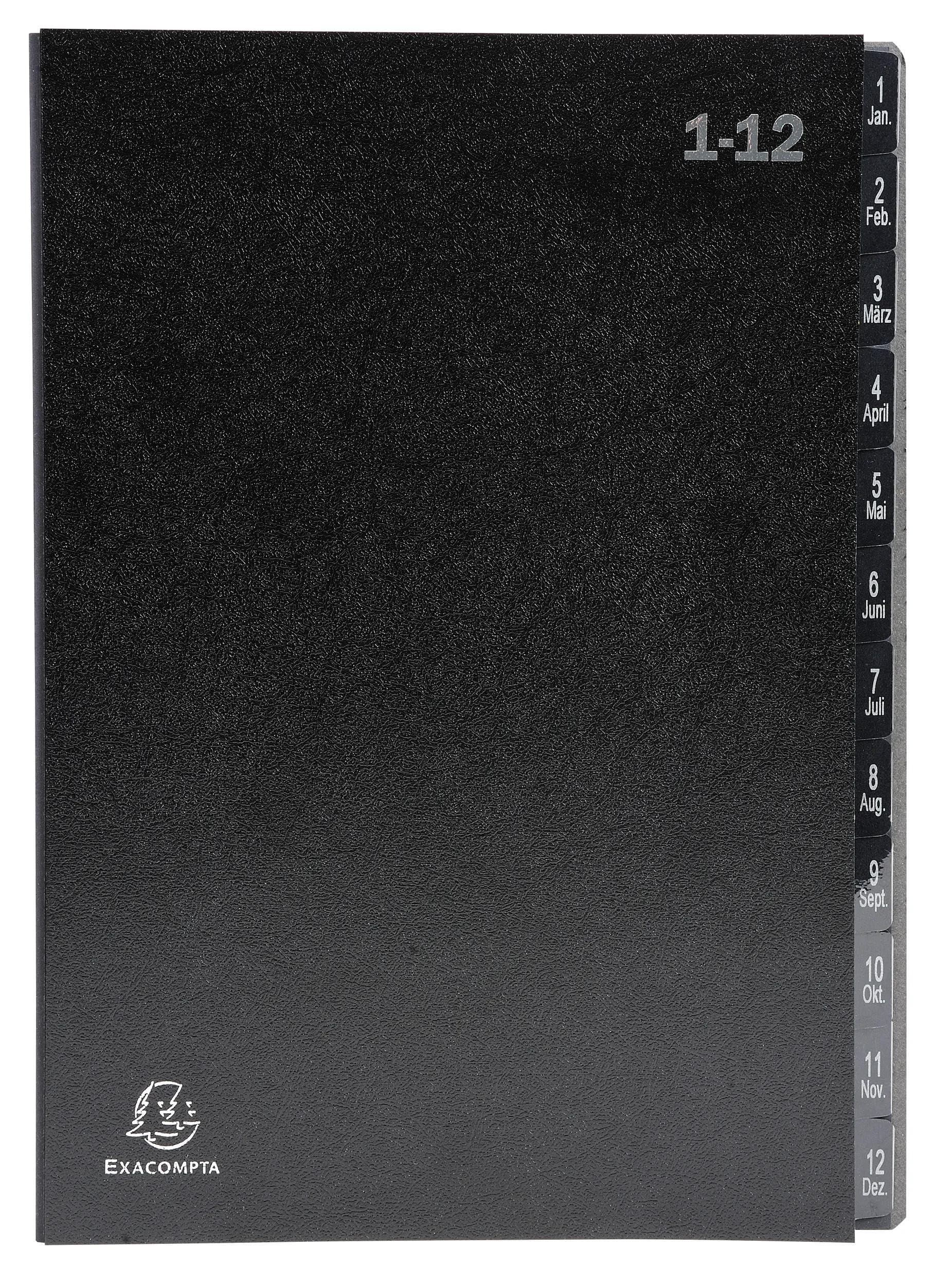 Exacompta - Ref. 57012E Ordnungsmappen, 12 Stück, fester Einband, innen aus recycelter Karte, digitale laminierte Registerkarten mit 1 bis 12-12 Fächern, Maße: 25 x 33 cm, für A4, Schwarz